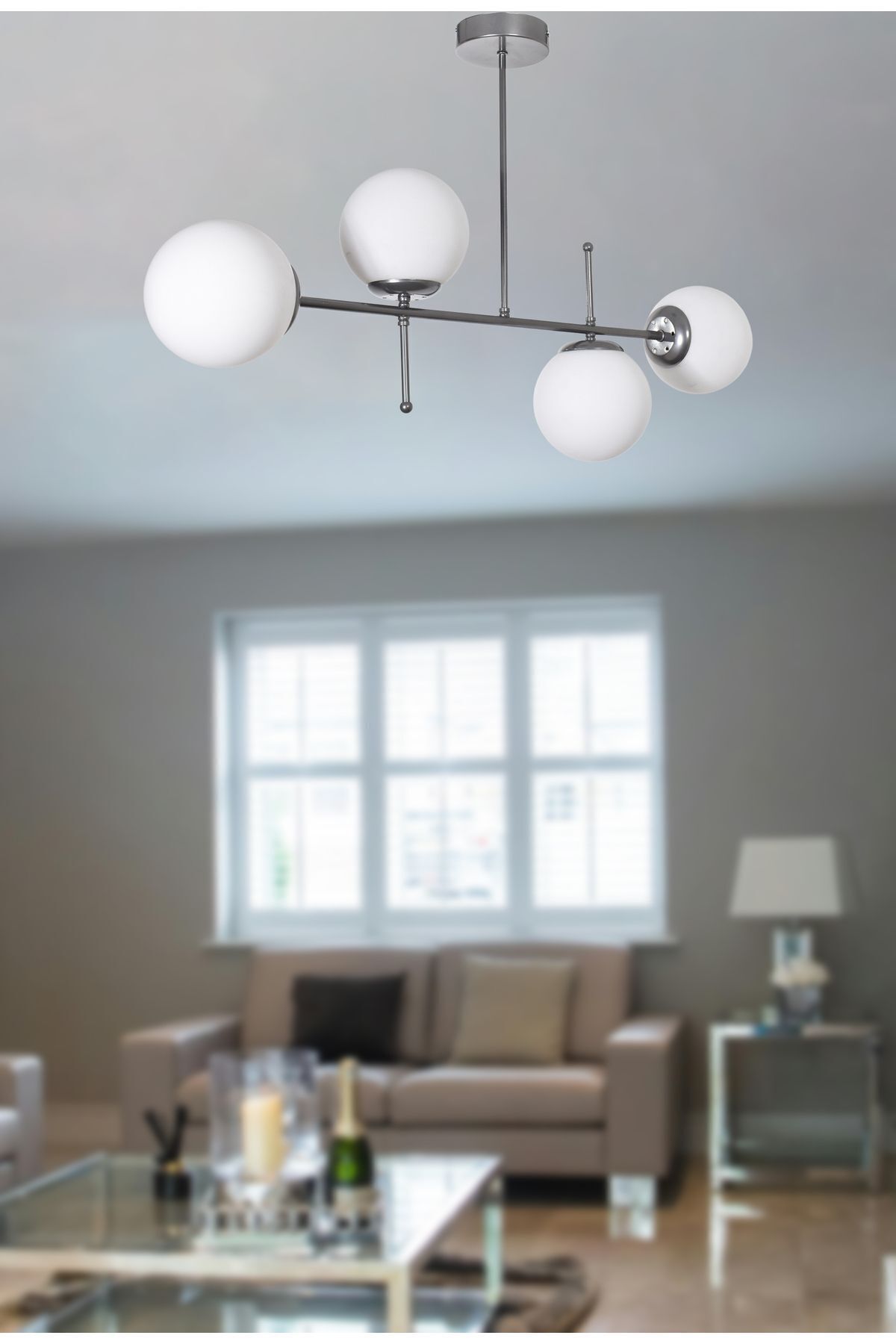 Feris Modern Design Living Room Kitchen Bedroom 4-Piece Chandelier with Gray Color White Glass