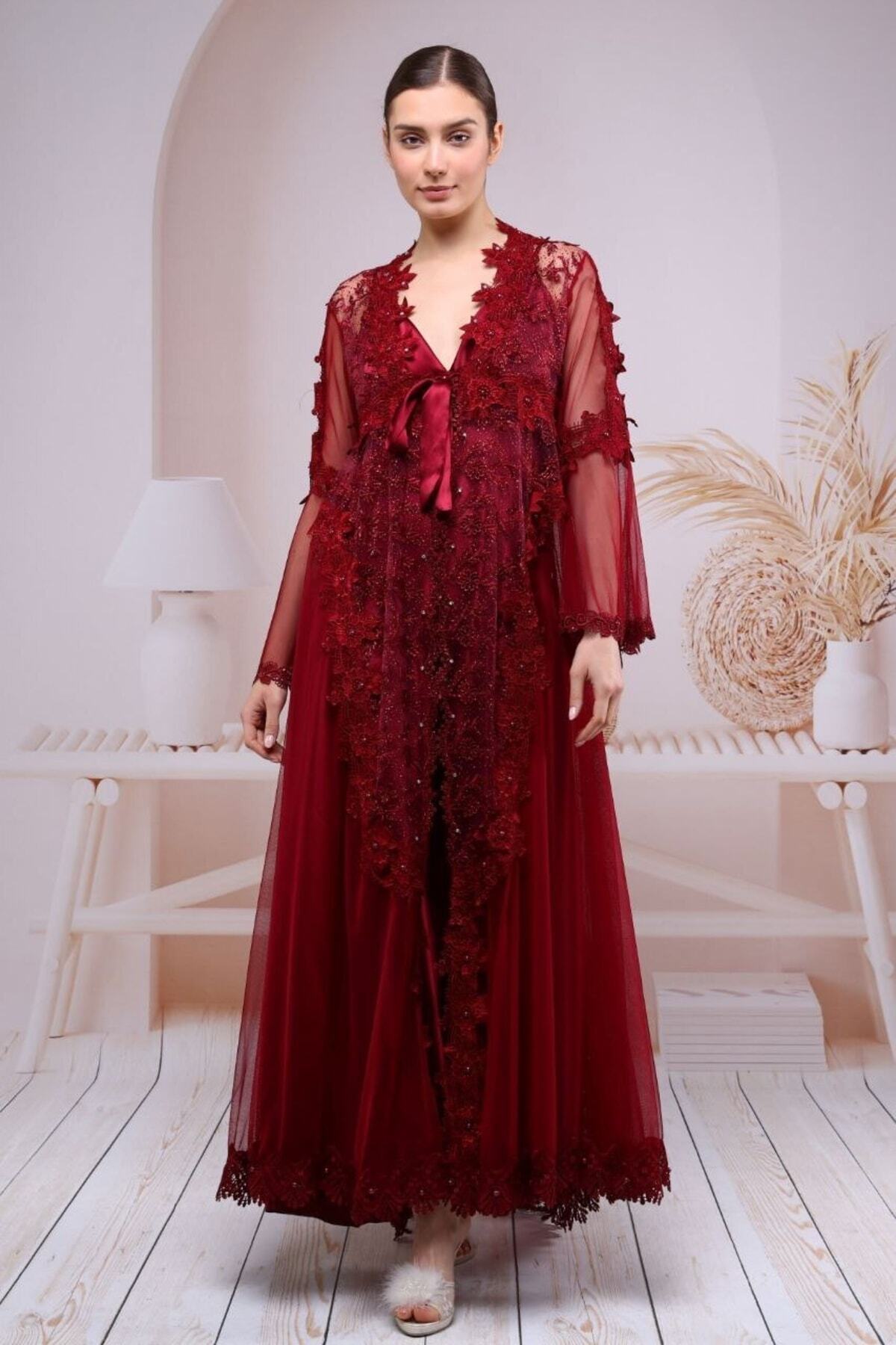 SATTENS Çeyizlik Tül Güpürlü Gecelik Ve Sabahlık Ikili Lüks Takım