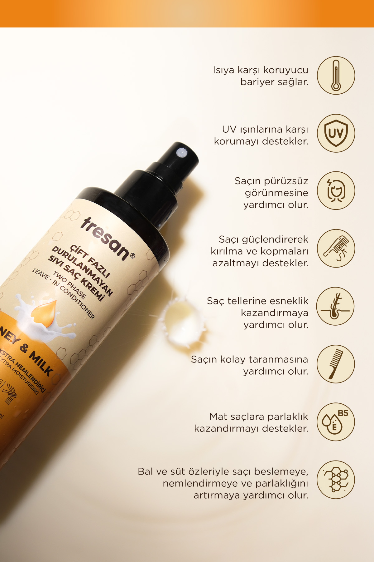 Bal & Süt Besleyici Çift Fazlı Durulanmayan Sıvı Saç Kremi – Isı Korumalı  (Fön Suyu) (250 ml) — 90366 — تصویر 3 از 6