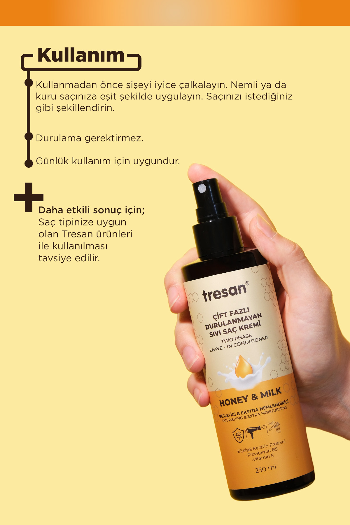 Bal & Süt Besleyici Çift Fazlı Durulanmayan Sıvı Saç Kremi – Isı Korumalı  (Fön Suyu) (250 ml) — 90366 — تصویر 5 از 6