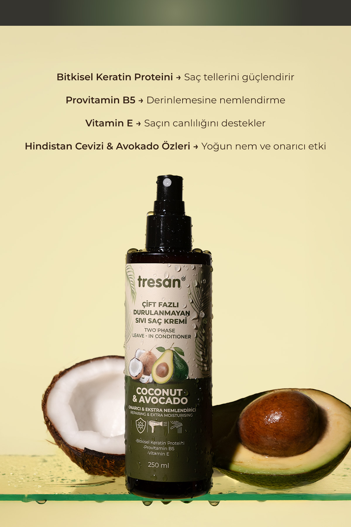Hindistan Cevizi & Avokado Onarıcı Çift Fazlı Durulanmayan Sıvı Saç Kremi – Isı Korumalı (250 ml) — 90365 — تصویر 4 از 6