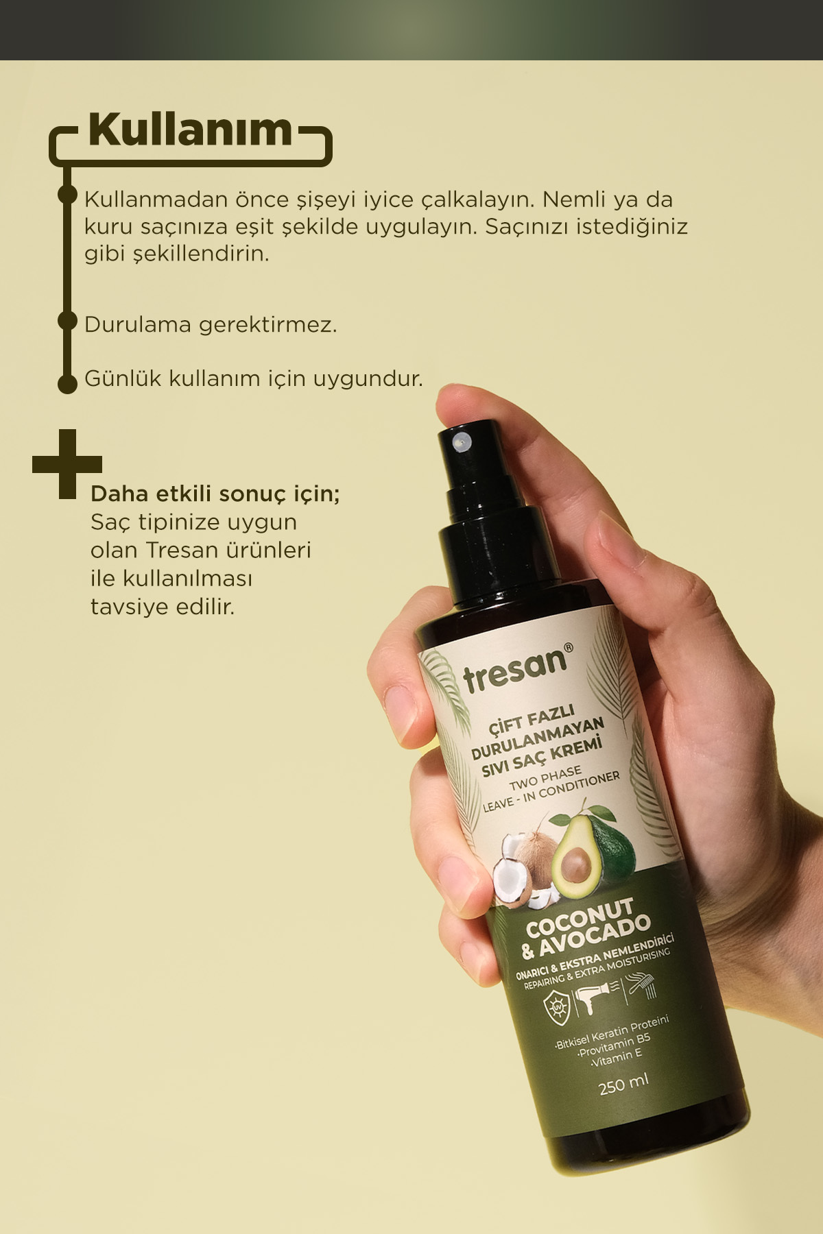 Hindistan Cevizi & Avokado Onarıcı Çift Fazlı Durulanmayan Sıvı Saç Kremi – Isı Korumalı (250 ml) — 90365 — تصویر 5 از 6