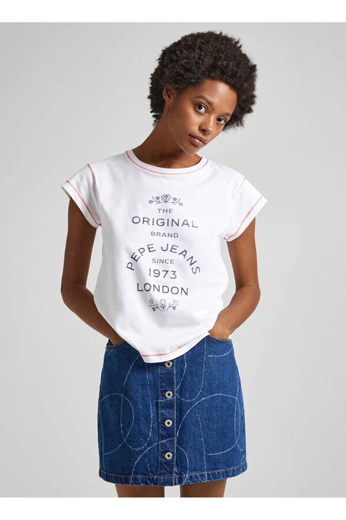 Pepe Jeans Bisiklet Yaka Baskılı Beyaz Kadın T-Shirt PL505737