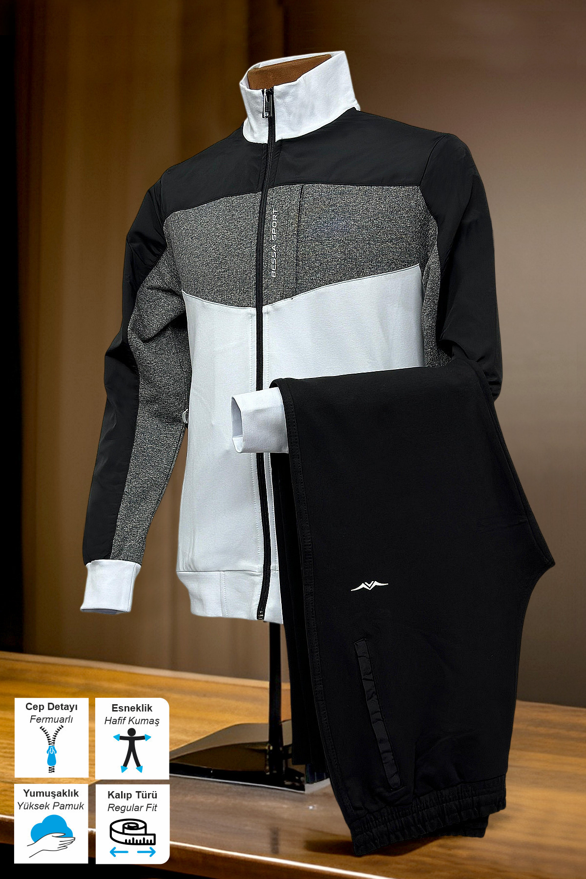 ست لباس ورزشی مردانه یقه بلند فصلی از جنس پنبه، جیب زیپ‌دار، ساق بلند — سفید 5471-TKM — تصویر 3 از 5
