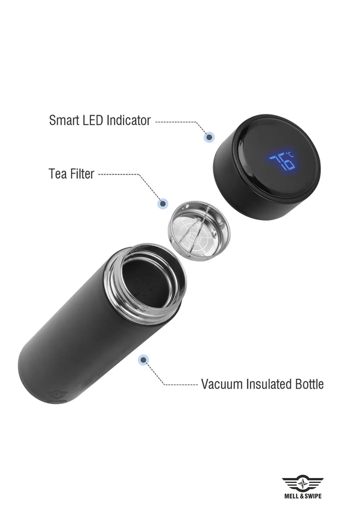 MELL & SWIPE Siyah Dereceli Kişiye Özel İsim Baskılı Çelik Dijital Led Sıcaklık Göstergeli Akıllı Termos 500ml fotoğrafı 5 (önizleme)