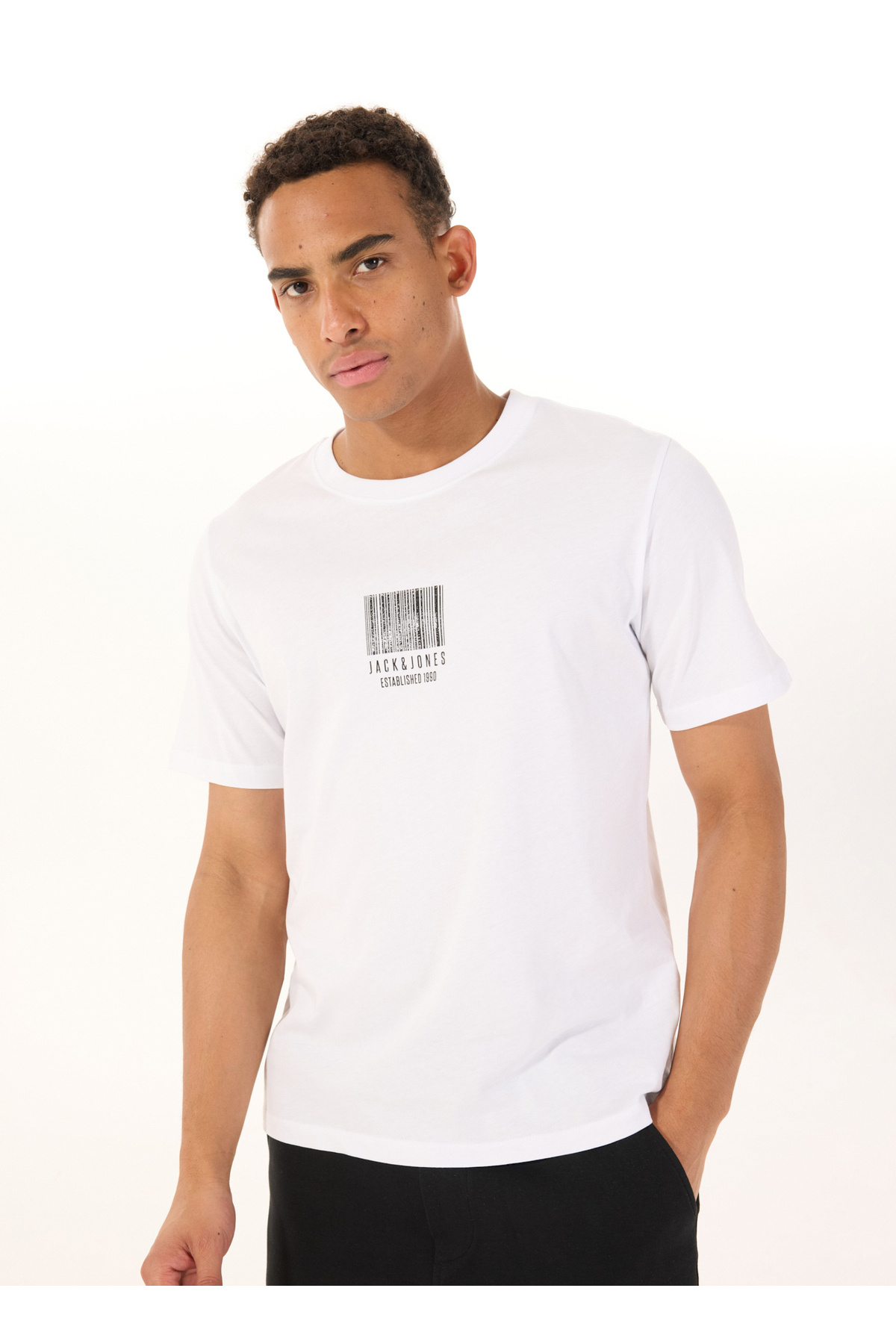 جک اند جونز تی شرت مردانه یقه سفید مردانه 12288570_JCOBARCODE TEE SS CREW NEC