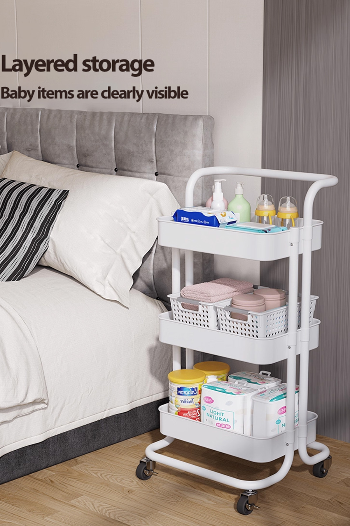 منظم عربة معدني متعدد الأغراض بثلاث طبقات، أرفف متحركة، أبيض، 82×44×36 سم