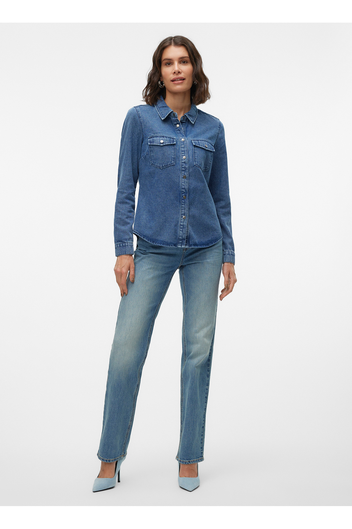 Moda Normal Vero Moda Normal Gömlek Yaka İndigo Kadın Gömlek VMJENNIE LS DENIM ...