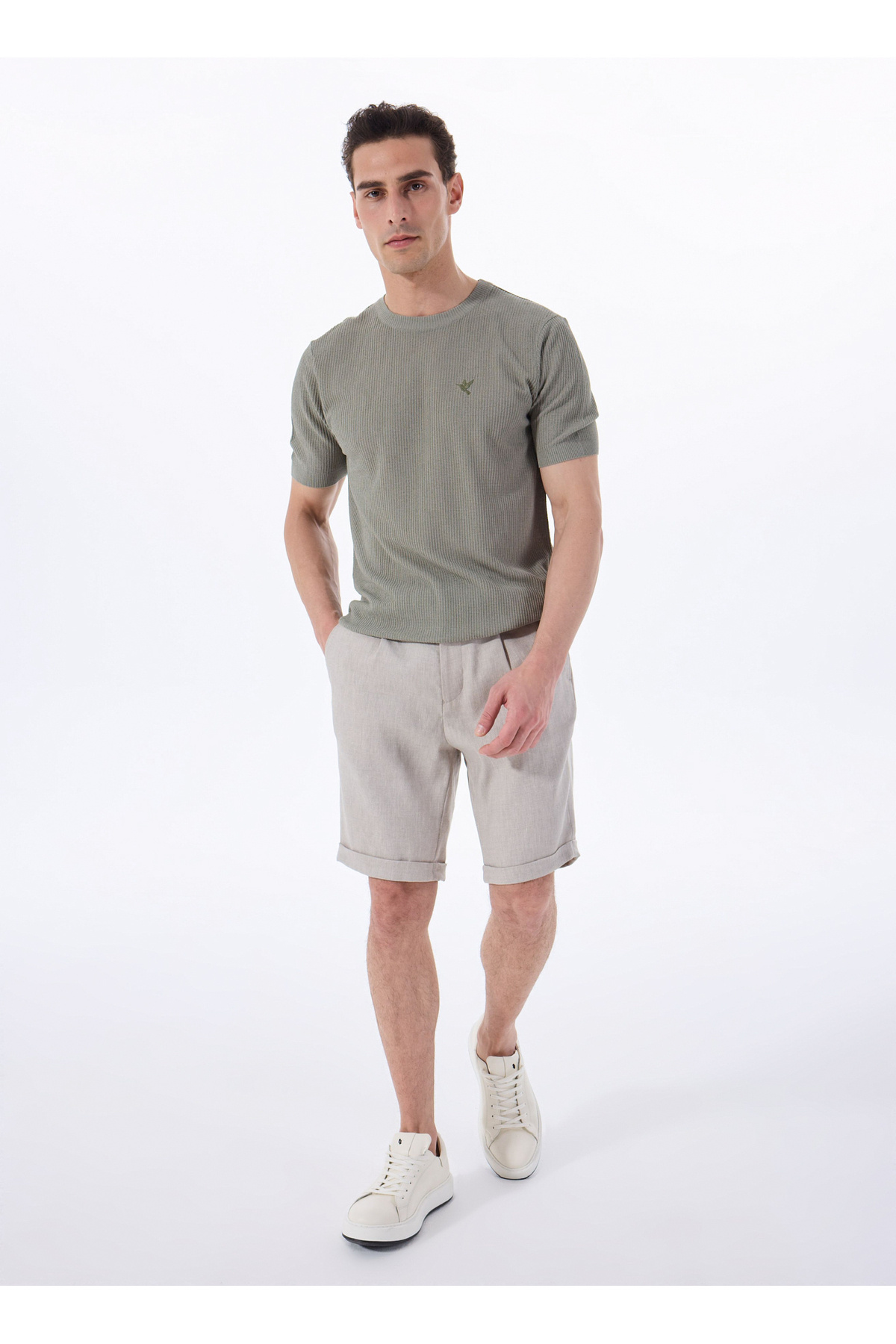 Fabrika  Haki Erkek Bisiklet Yaka Relaxed Fit Keten Karışımlı Kazak F5SM-KZK 2051 - Görsel 2