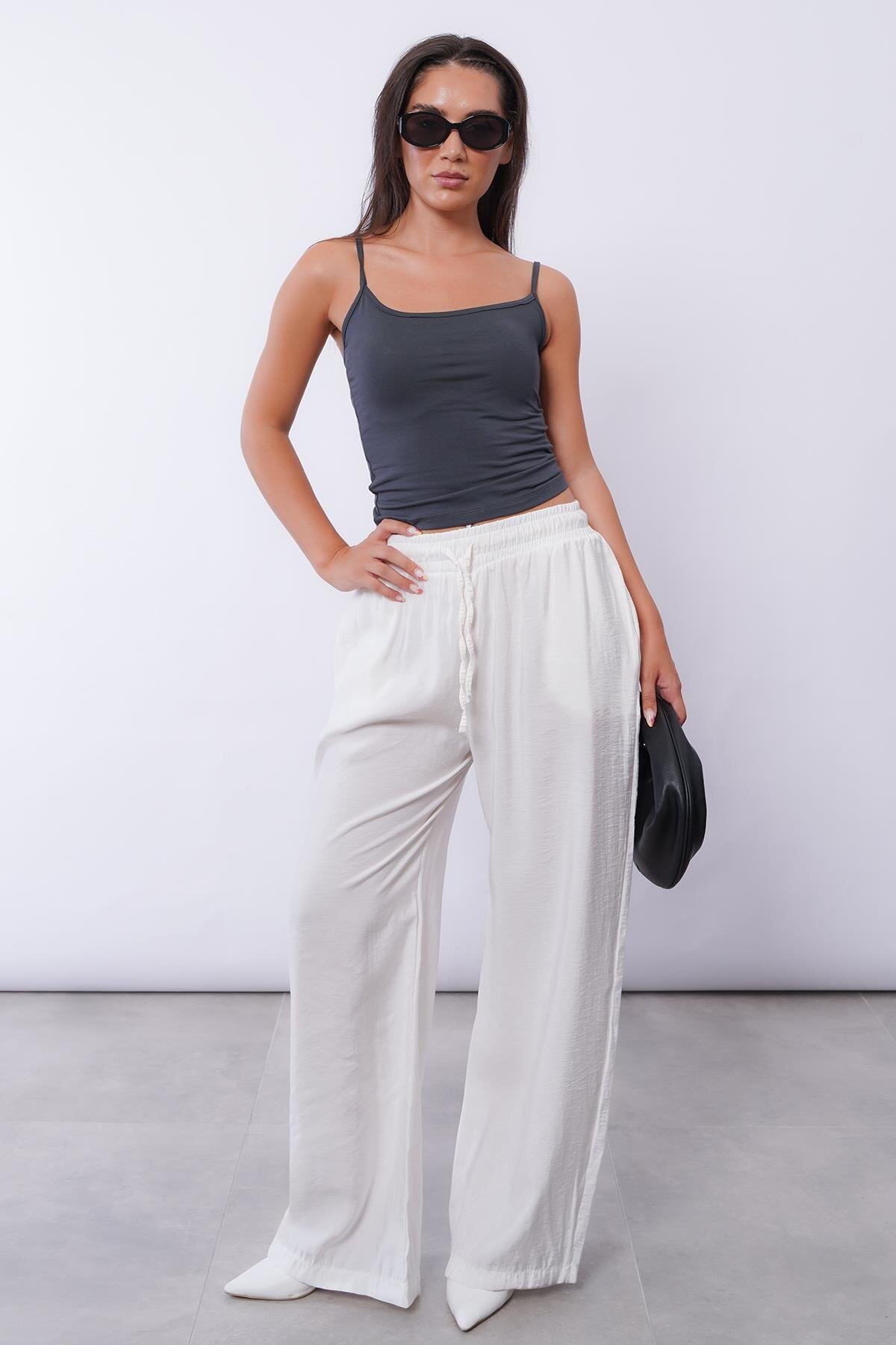 Madmext  Beyaz Geniş Paça Kadın Pantolon MG1982 - Görsel 8