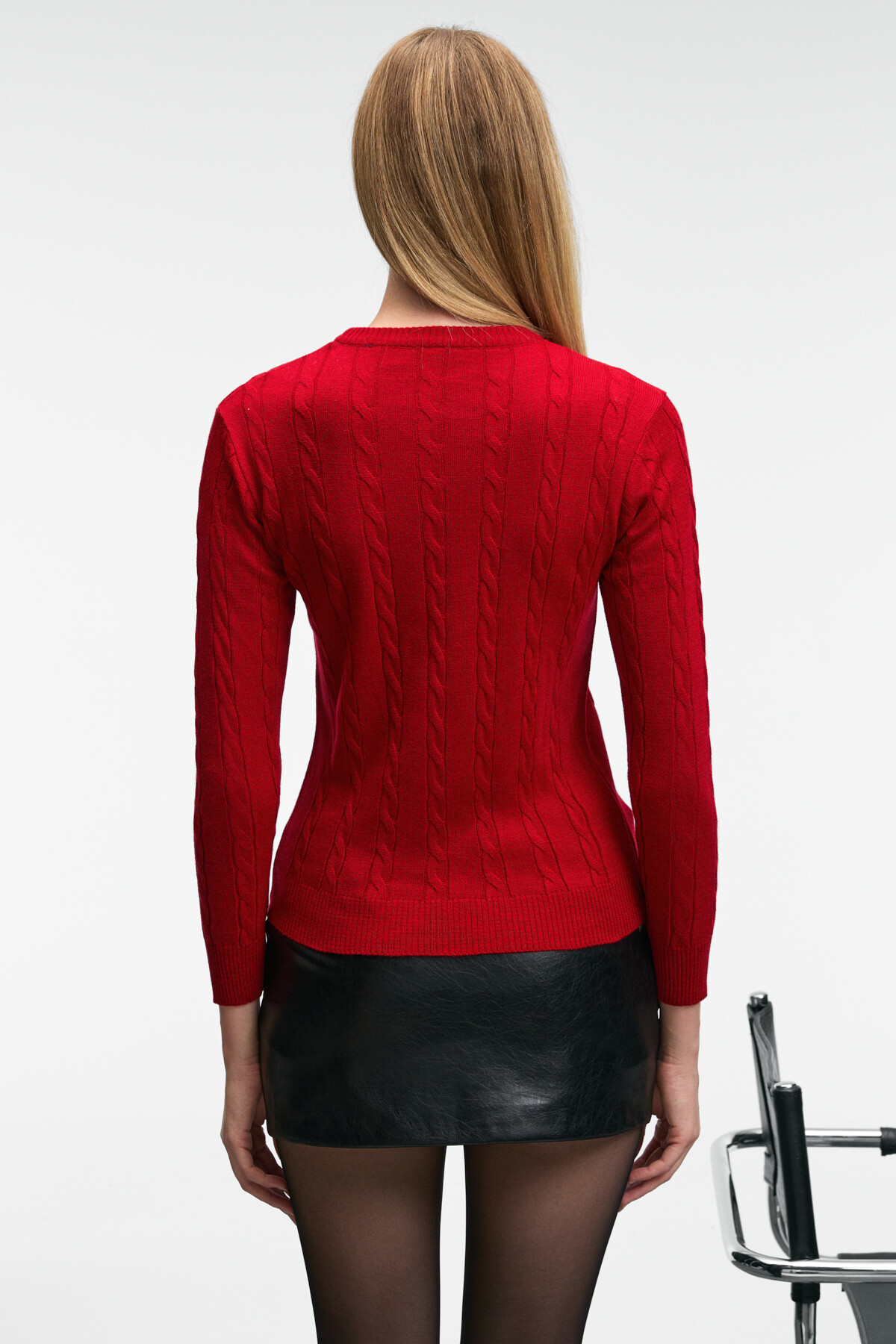 GRIMELANGE  QUERIDA Kadın Yuvarlak Yaka Saç Örgülü Regular Fit Triko Kırmızı Kazak - Görsel 6