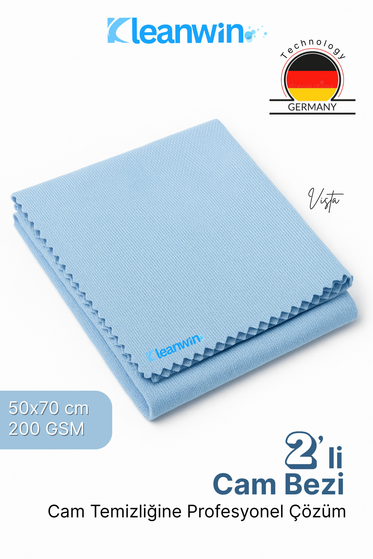 Kleanwin Vista 2’li Mikrofiber Cam Bezi Seti 50x70 cm, 200 GSM | Açık Mavi Renk Araç ve Ev Cam Temizlik Bezi