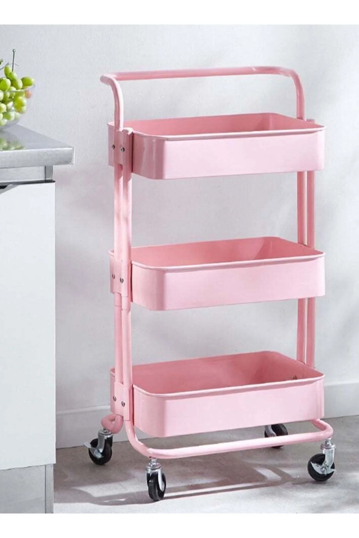 رف تخزين معدني بثلاث طبقات، دوار، وردي، 85×45×37 سم