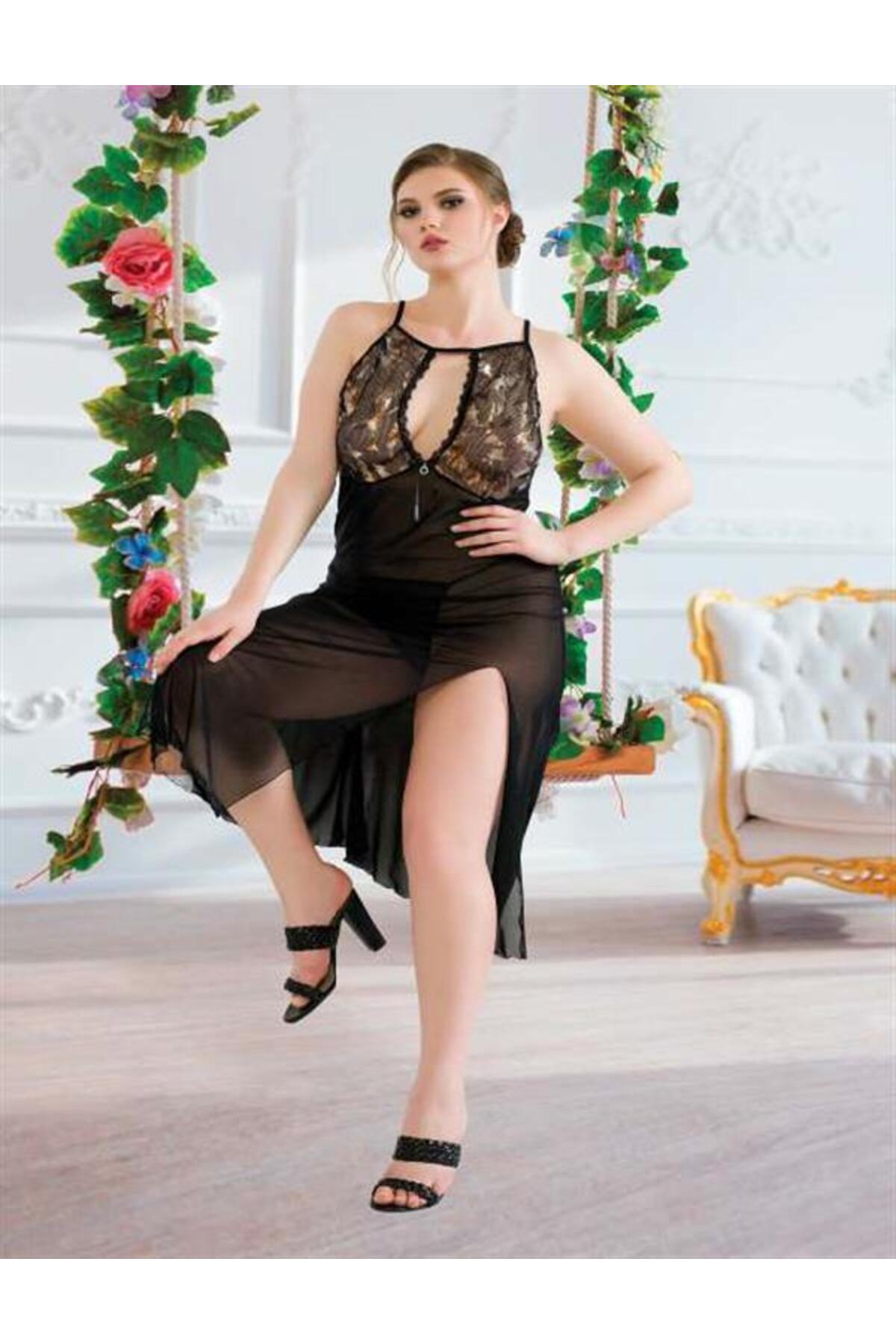 Aria's Closet Arias Closet Büyük Beden Siyah Tül Fantezi Uzun Yırtmaçlı Gecelik