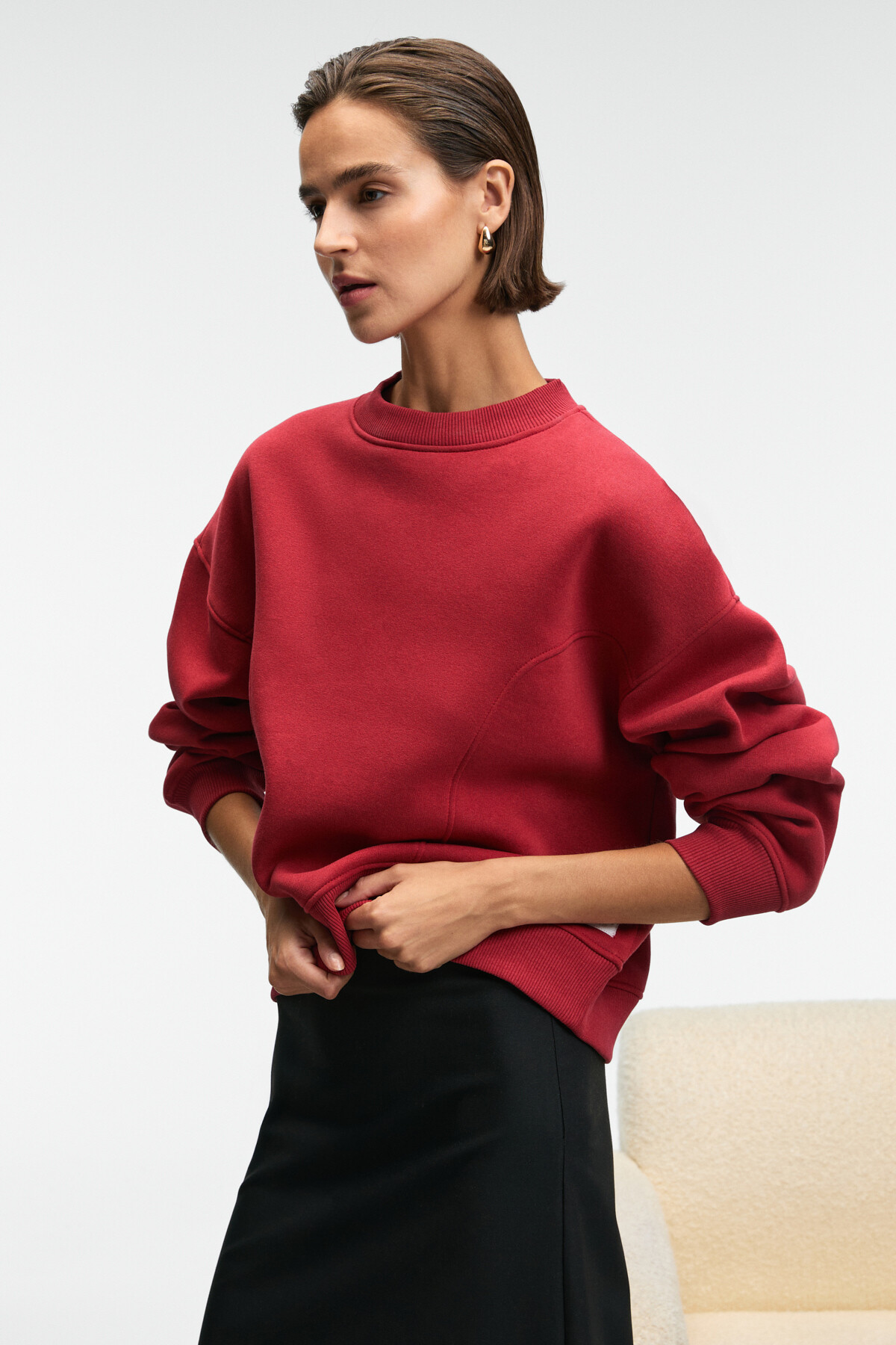 GRIMELANGE  SERENYA Kadın Pamuklu Etiket Detaylı Bisiklet Yaka Kırmızı Sweatshirt - Görsel 5