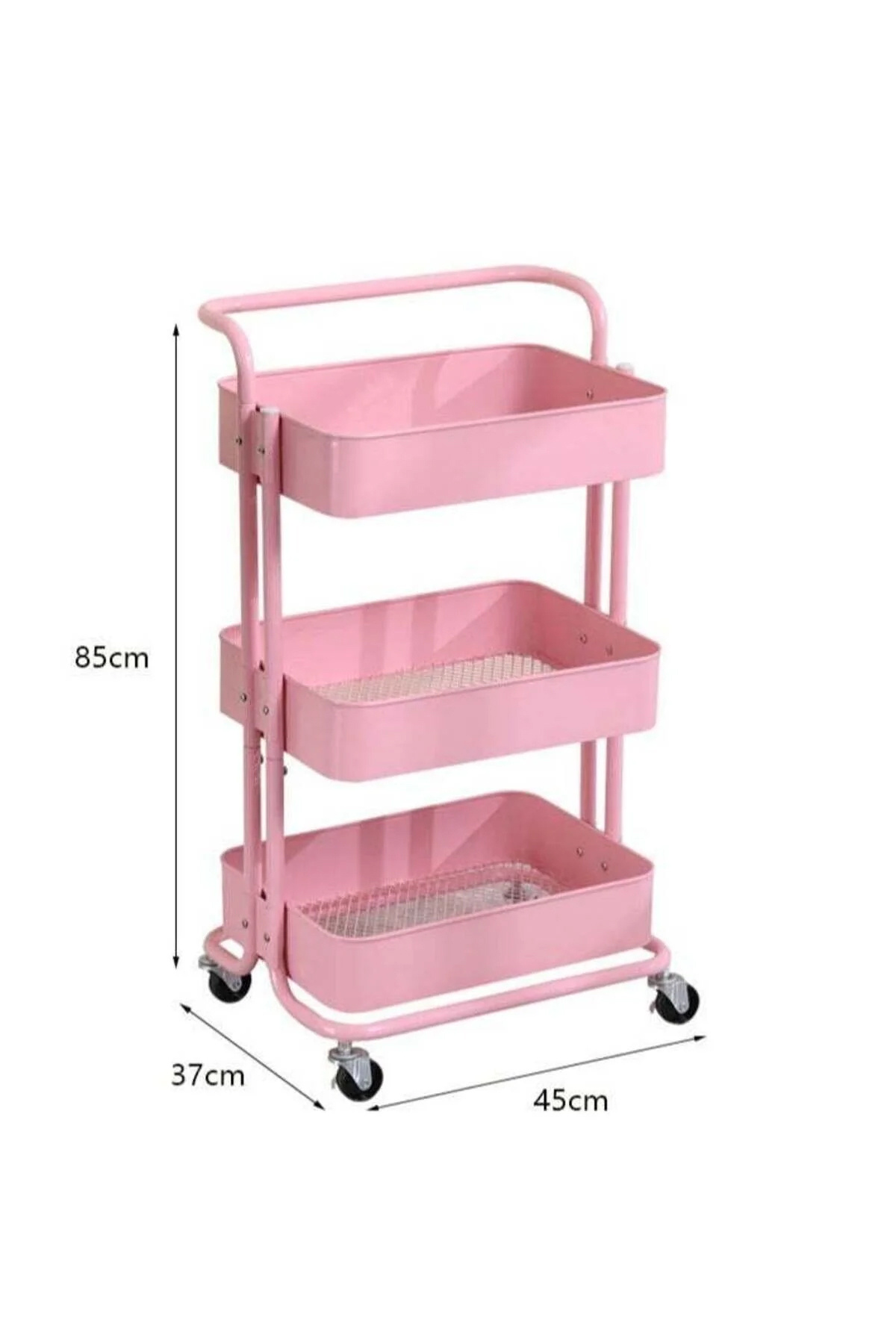 رف تخزين معدني بثلاث طبقات، دوار، وردي، 85×45×37 سم