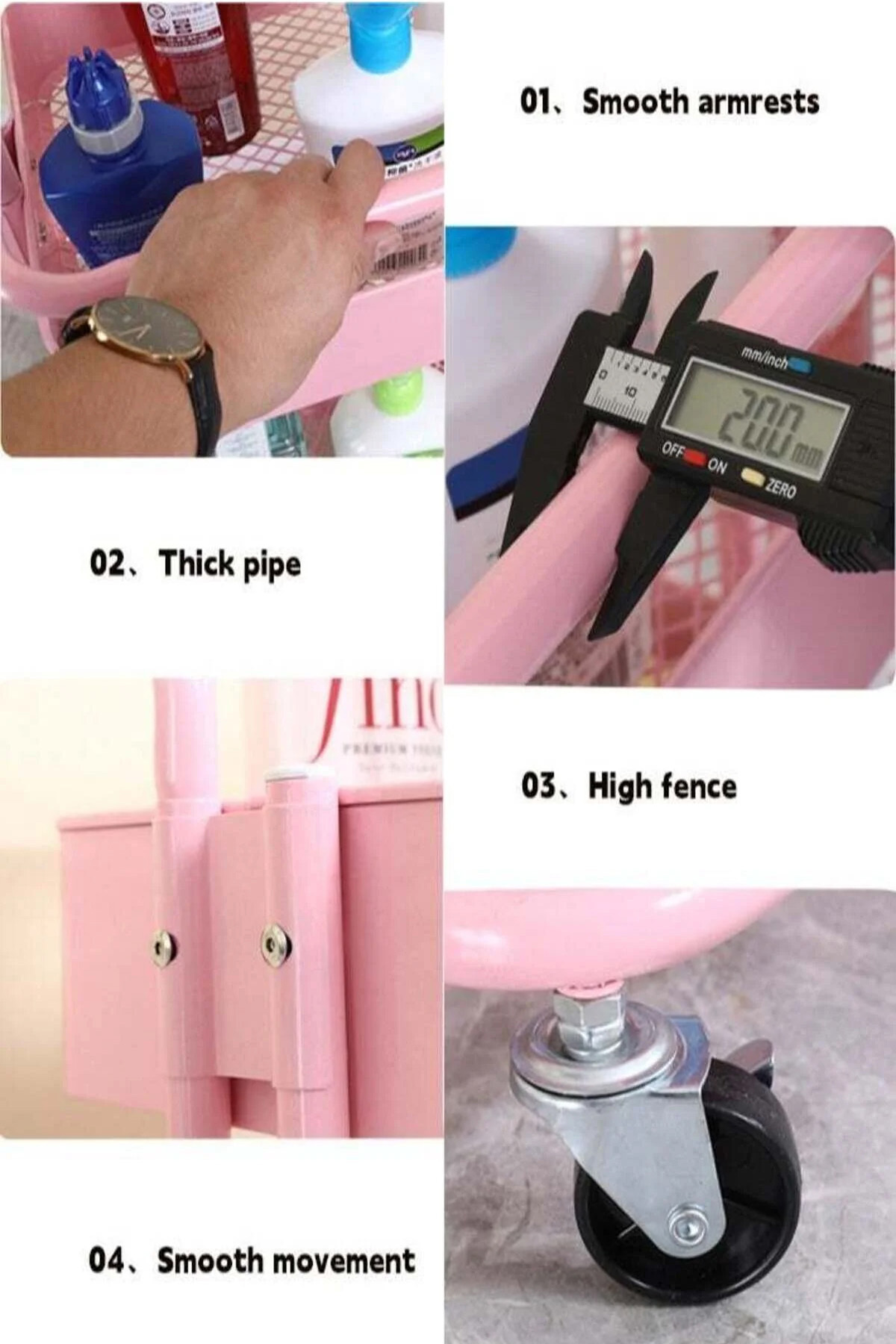 رف تخزين معدني بثلاث طبقات، دوار، وردي، 85×45×37 سم