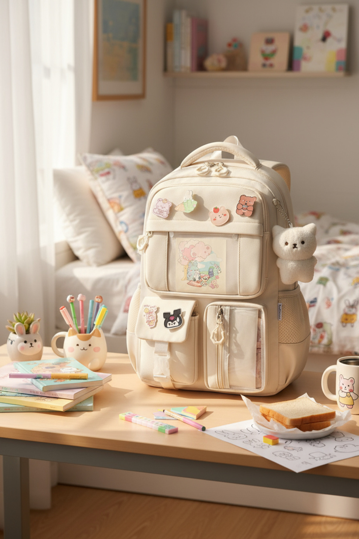 Roomys Kawaii Pro İthal Yeni Sezon Ergonomik Kore Tarzı Aksesuarlı Ve Ayıcıklı Mor Okul Sırt Çantası