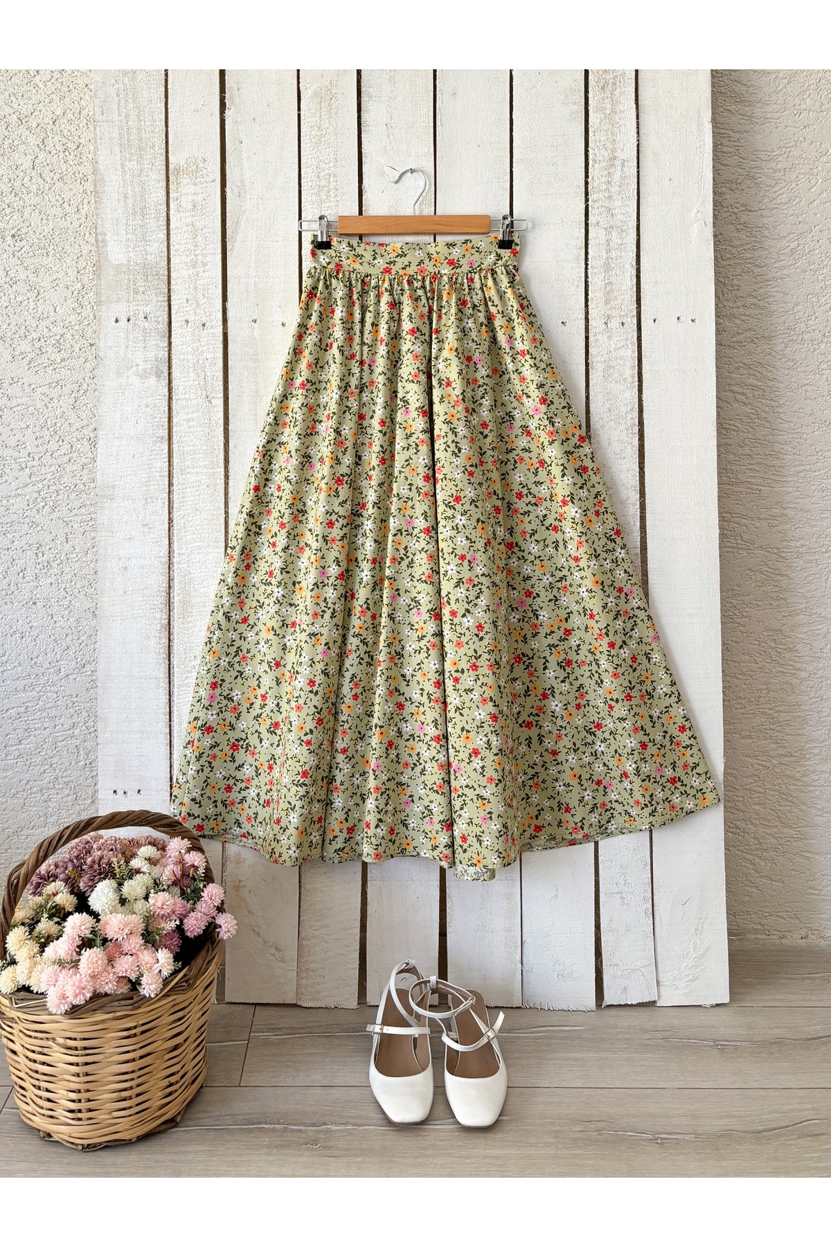 KÜÇÜĞÜM BUTİK  Yeşil Renkli Çiçekli Poplin Kloş Etek - Görsel 7