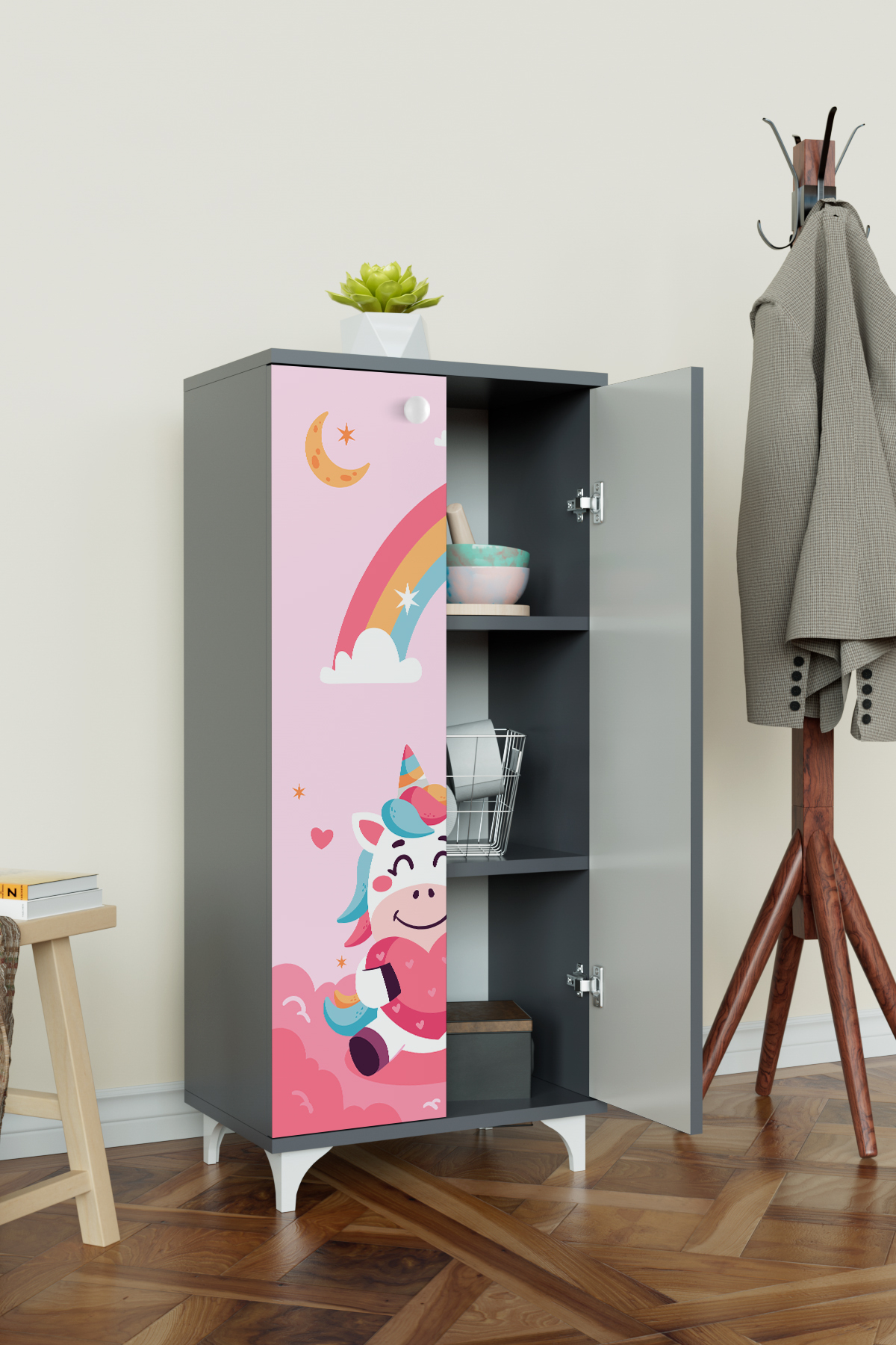 Hediyeler Kapında Çocuk Odası Unicorn Dream Antrasit Dolap 3 Raflı Çok Amaçlı Baskılı Oyuncak Dolabı fotoğrafı 2 (önizleme)