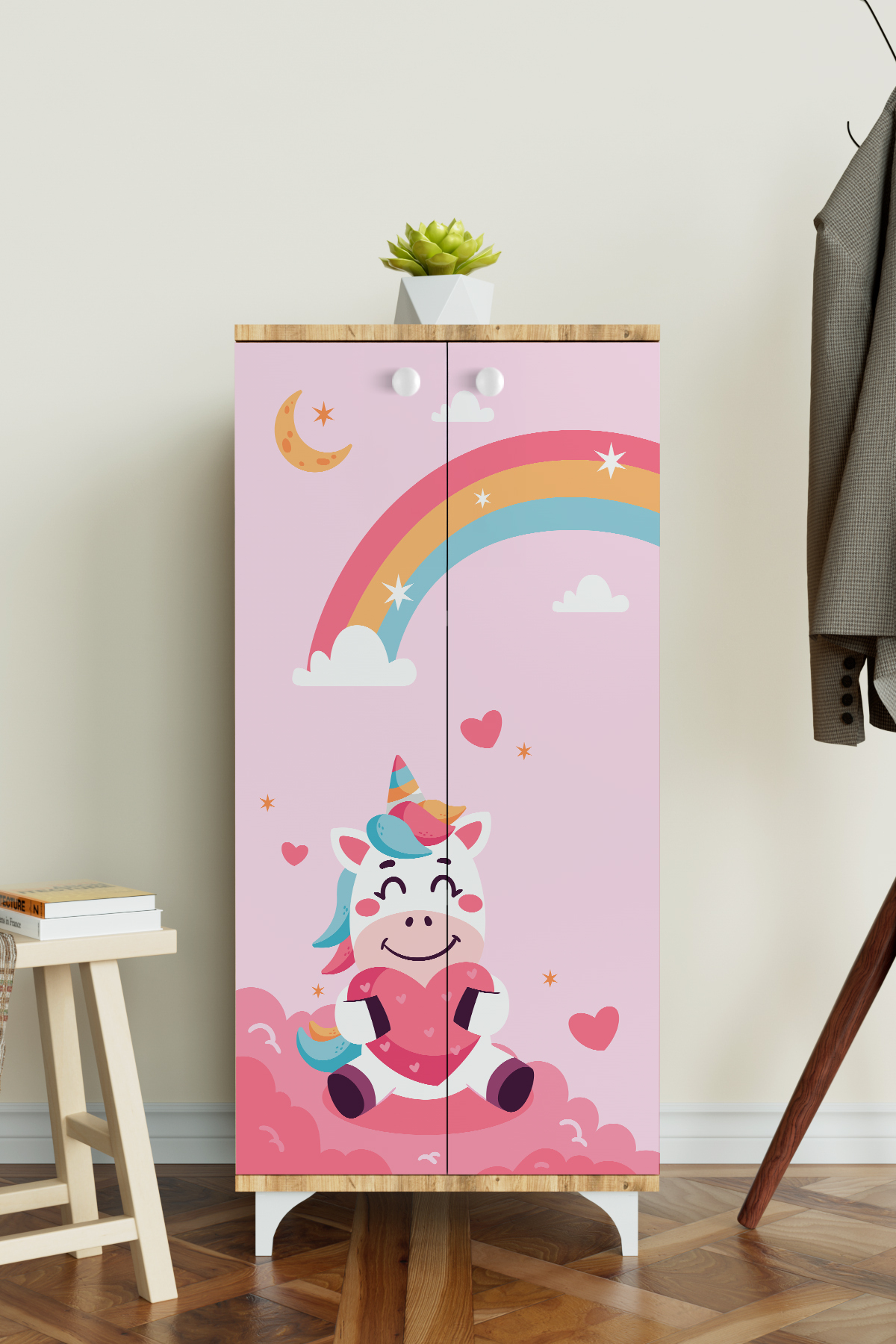 Hediyeler Kapında Çocuk Odası Unicorn Dream Ceviz Dolap 3 Raflı Çok Amaçlı Baskılı Oyuncak Dolabı fotoğrafı 3 (önizleme)