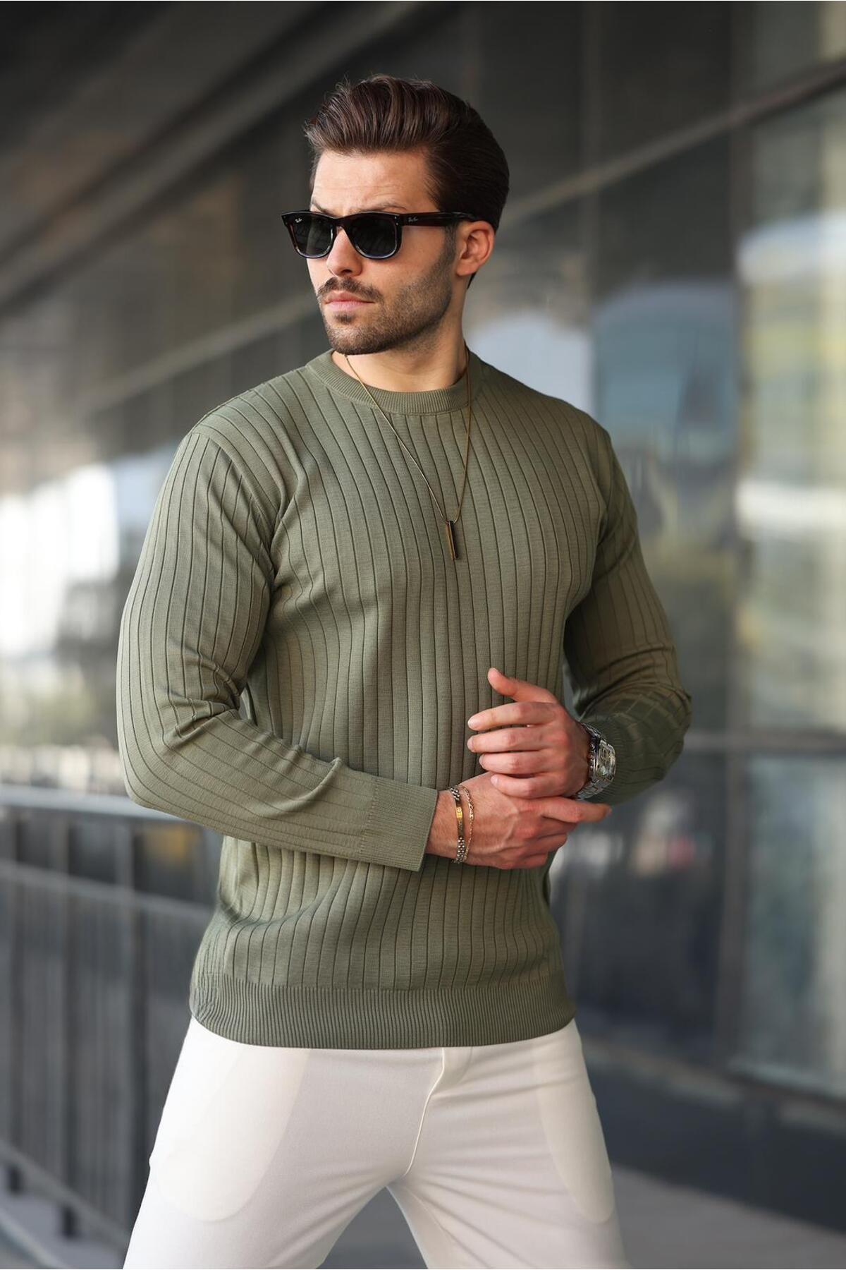 ژاکت آستین بلند راه راه یقه گرد خاکی E7273 — خاکی — تصویر 3 از 6