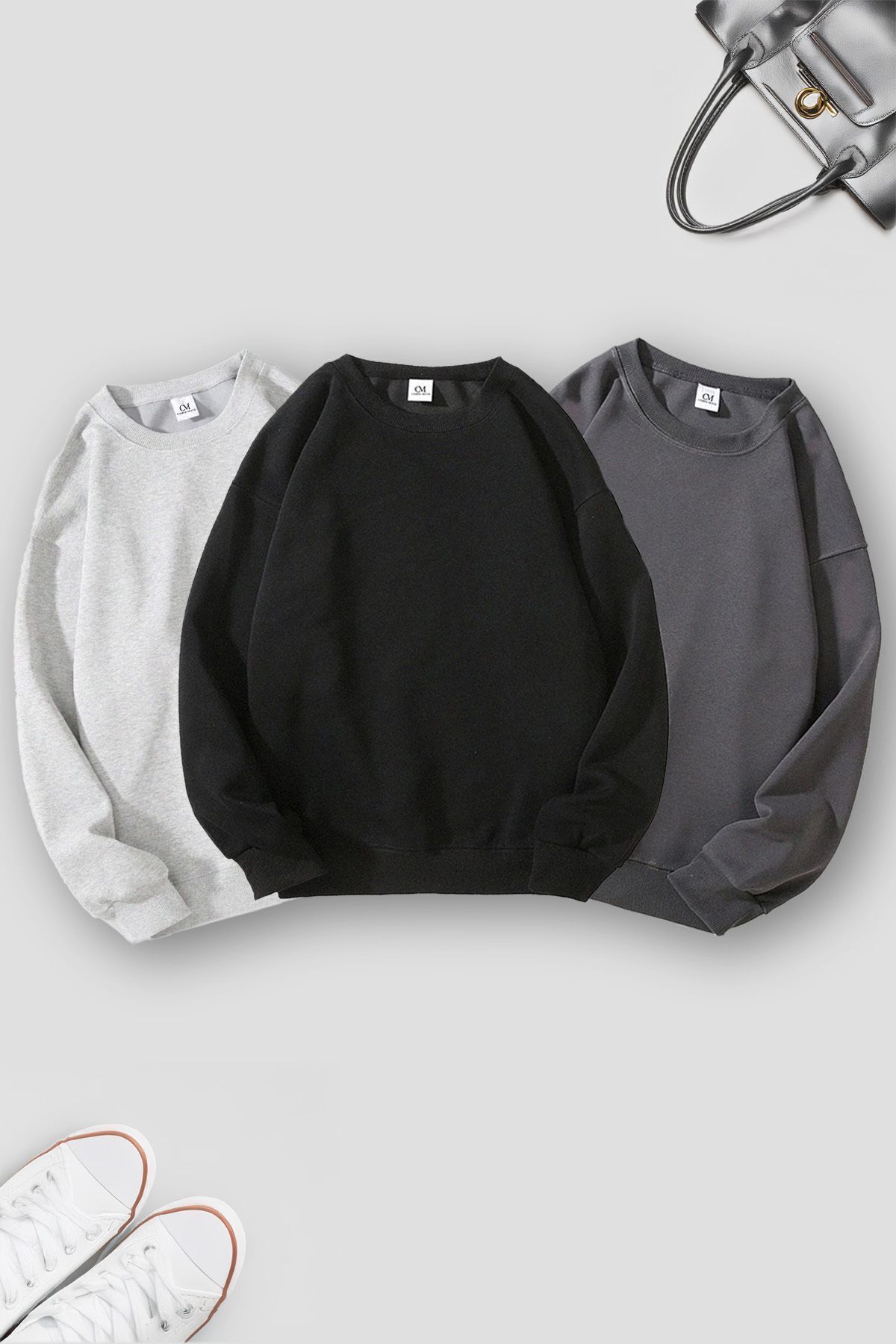 COMBİNE MİCHAİL Unisex 3'Lü Siyah Grimelanj Füme Bisiklet Yaka Oversize Sweatshirt Paketi