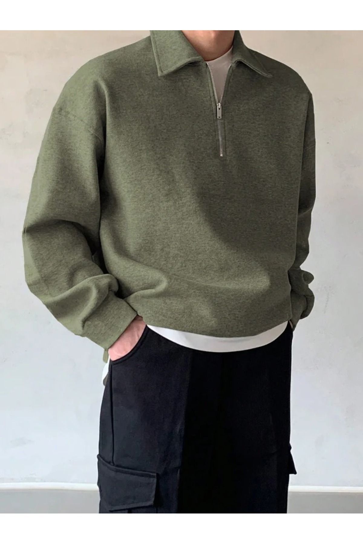 COMBİNE MİCHAİL Erkek Polo Yaka Yarım Fermuarlı Sweatshirt HAKİ görsel 2