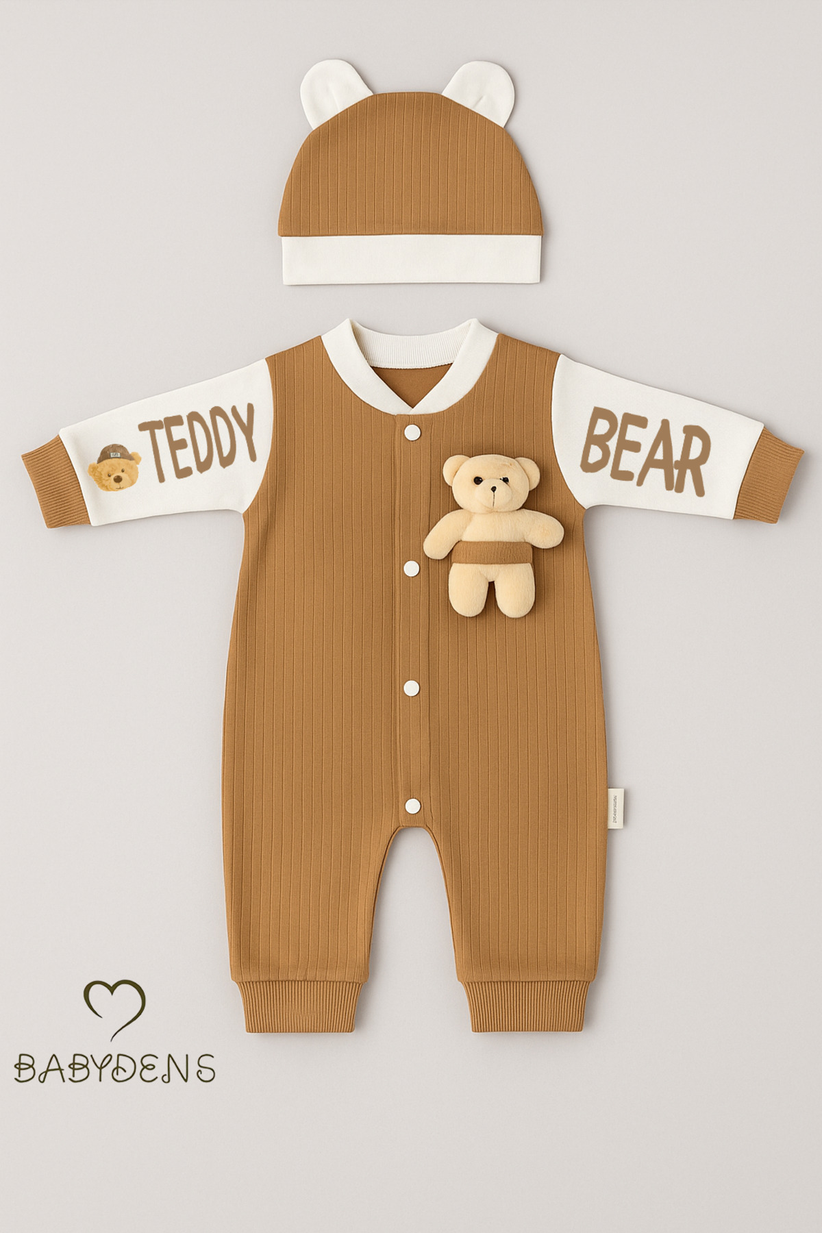 BABYDEN'S Teddy Bear Temalı Yenidoğan Fitilli Tulum Takımı Ayıcıklı Erkek Bebek Tulum Şapka Set %100pamuk fotoğrafı 2 (önizleme)