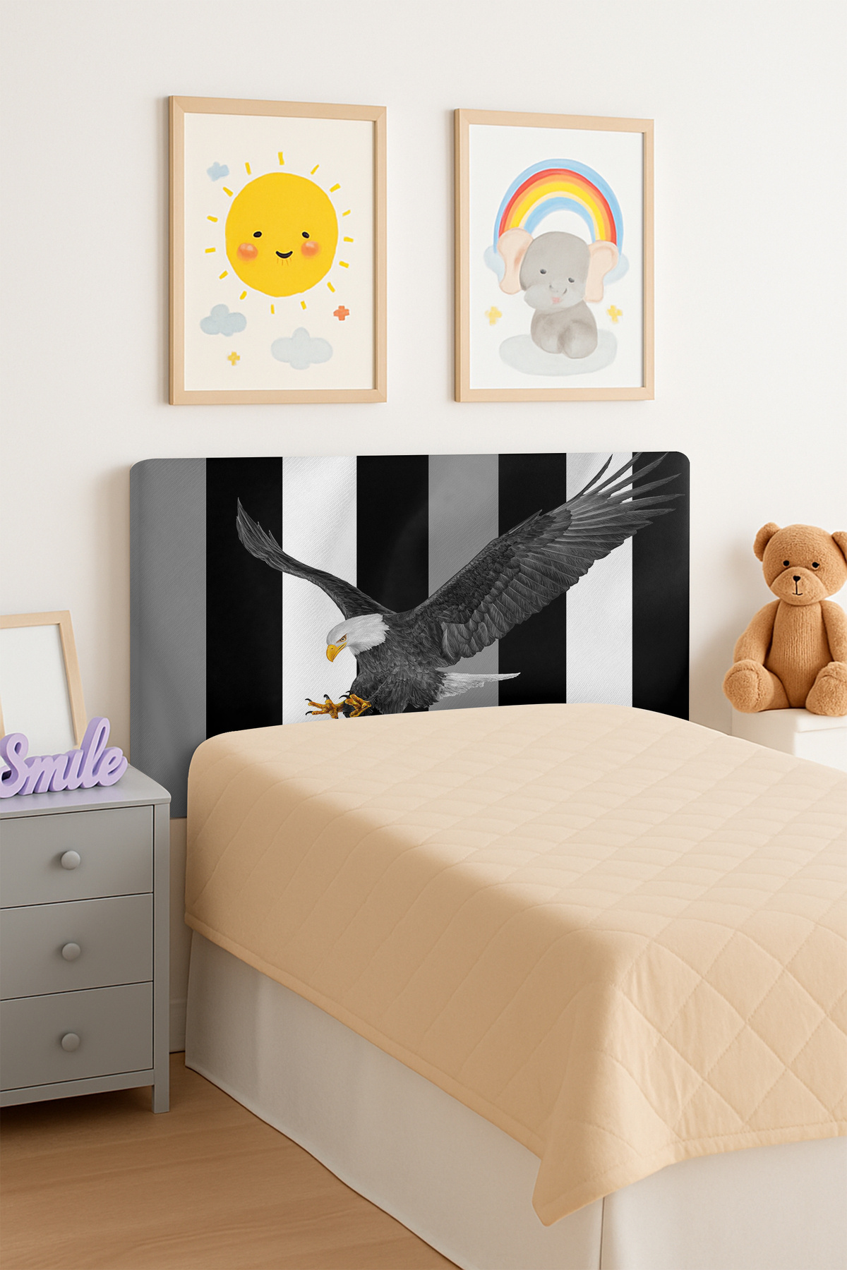 Talia Home Siyah Beyaz Kartal Desenli Yatak Baza Başlık Kılıfı Tlabk-162