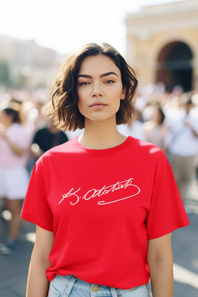 MAGORS STIL-X KEMAL ATATÜRK İMZA BASKILI BİSİKLET YAKA %100 PAMUKLU KADIN TSHIRT