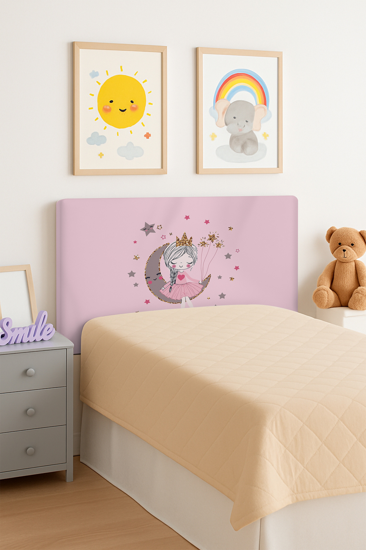 Talia Home Pembe Ay'da Oturan Kız Desenli Yatak Baza Başlık Kılıfı TLABK-280