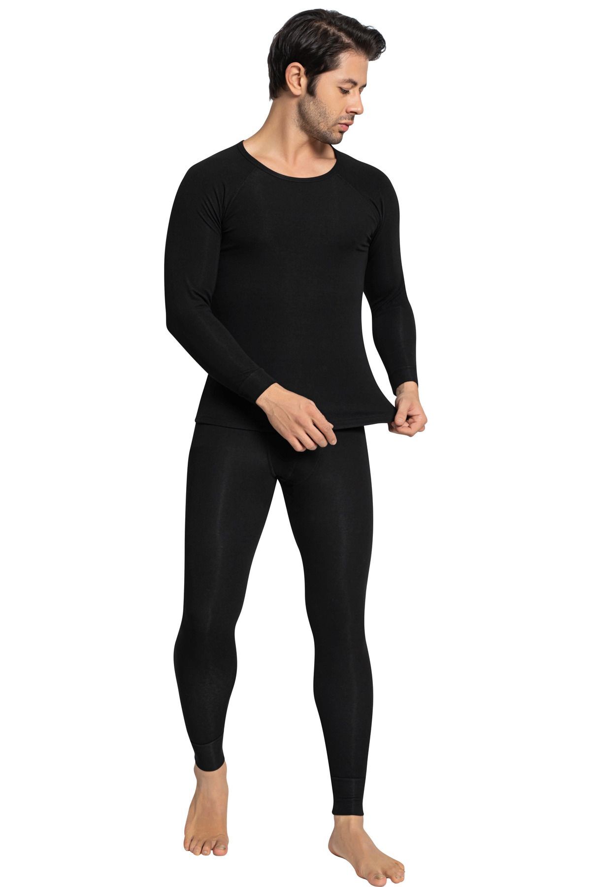 TOLIN Erkek Termal İçlik Alt Üst Takım Pamuklu Şardonlu Esnek Siyah 8190