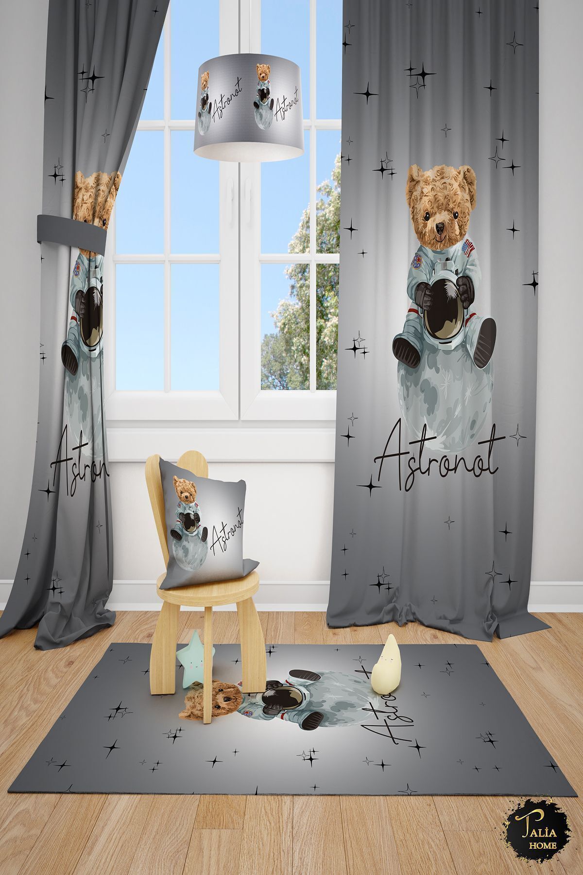 Cute Bear Astronaut Patterned Children's Room 2 Wing Background CurtainTLA-316