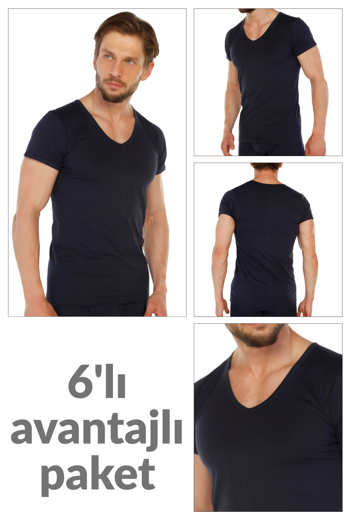 6 Piece Pack 100% Cotton Navy Blue Men's Supima V-Neck Undershirt 317