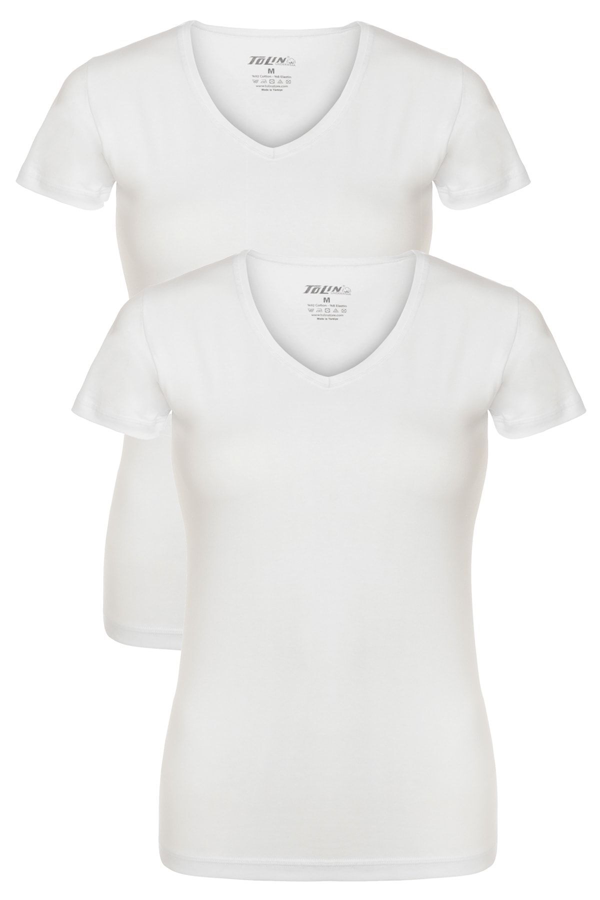Women's White 2-Piece Short Sleeve Single Jersey Lycra V-Neck Undershirt 3227
