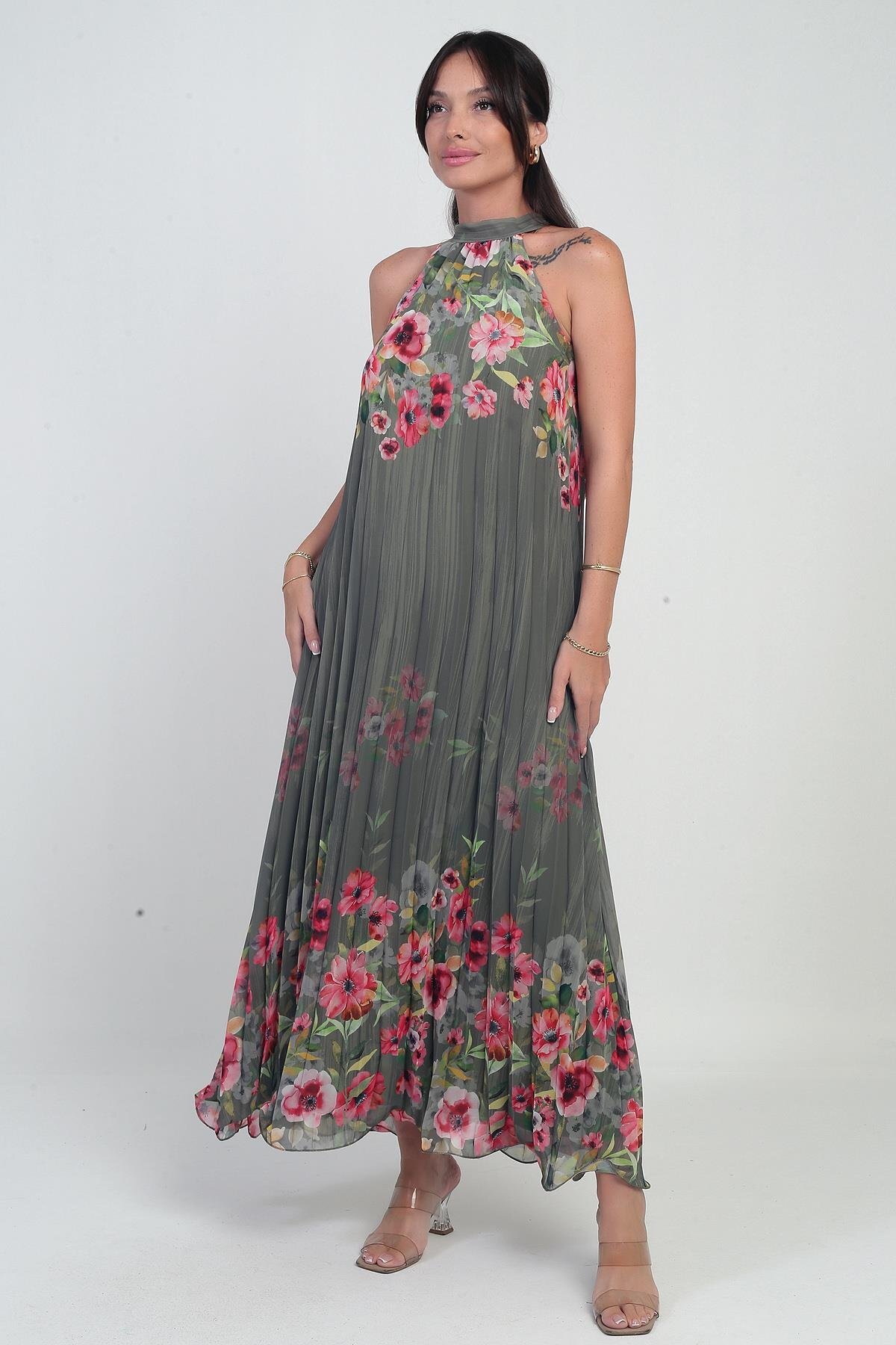 Women Floral Pattern Lined Plisoley Chiffon Long Dress