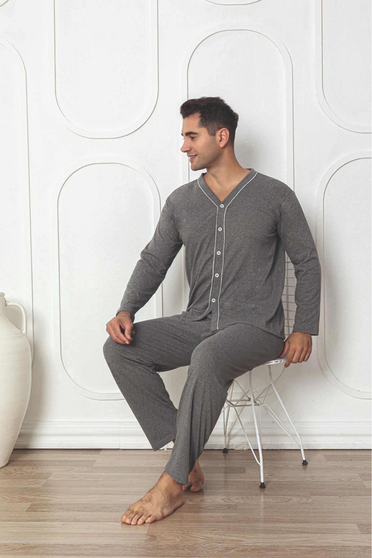 Sude HOMEWEAR Ercan Önden Düğmeli gri Erkek Pjm Tkm görsel 4