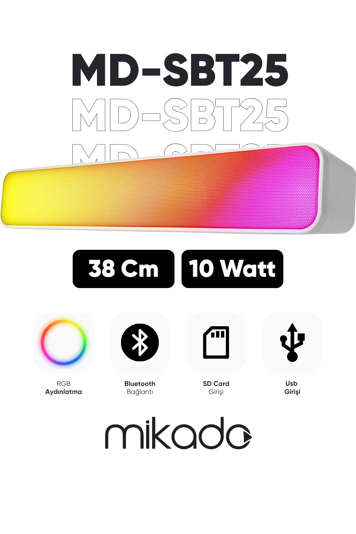 Mikado Md-sbt25 Beyaz Rgb Oyuncu Speaker Soundbar Sese Duyar 10wmicrosd Taşınır Bluetooth Hoparlör Speaker