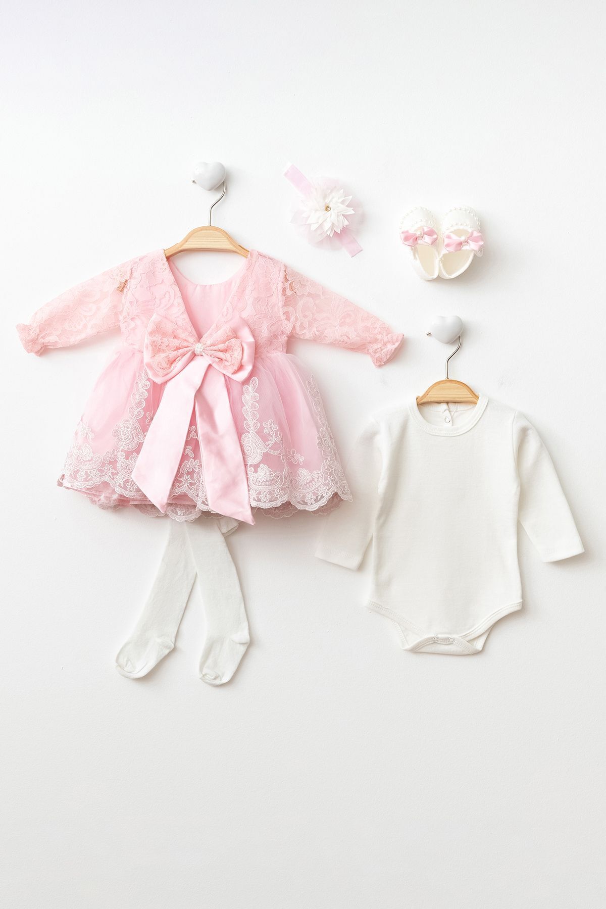 Petite Ponpon Baby Kız Bebek 0-6 Ay Gelinlik Elbise 5 Li Mevlütlük Set Uzun Kollu Fransız Dantelli Elbise fotoğrafı 5 (önizleme)