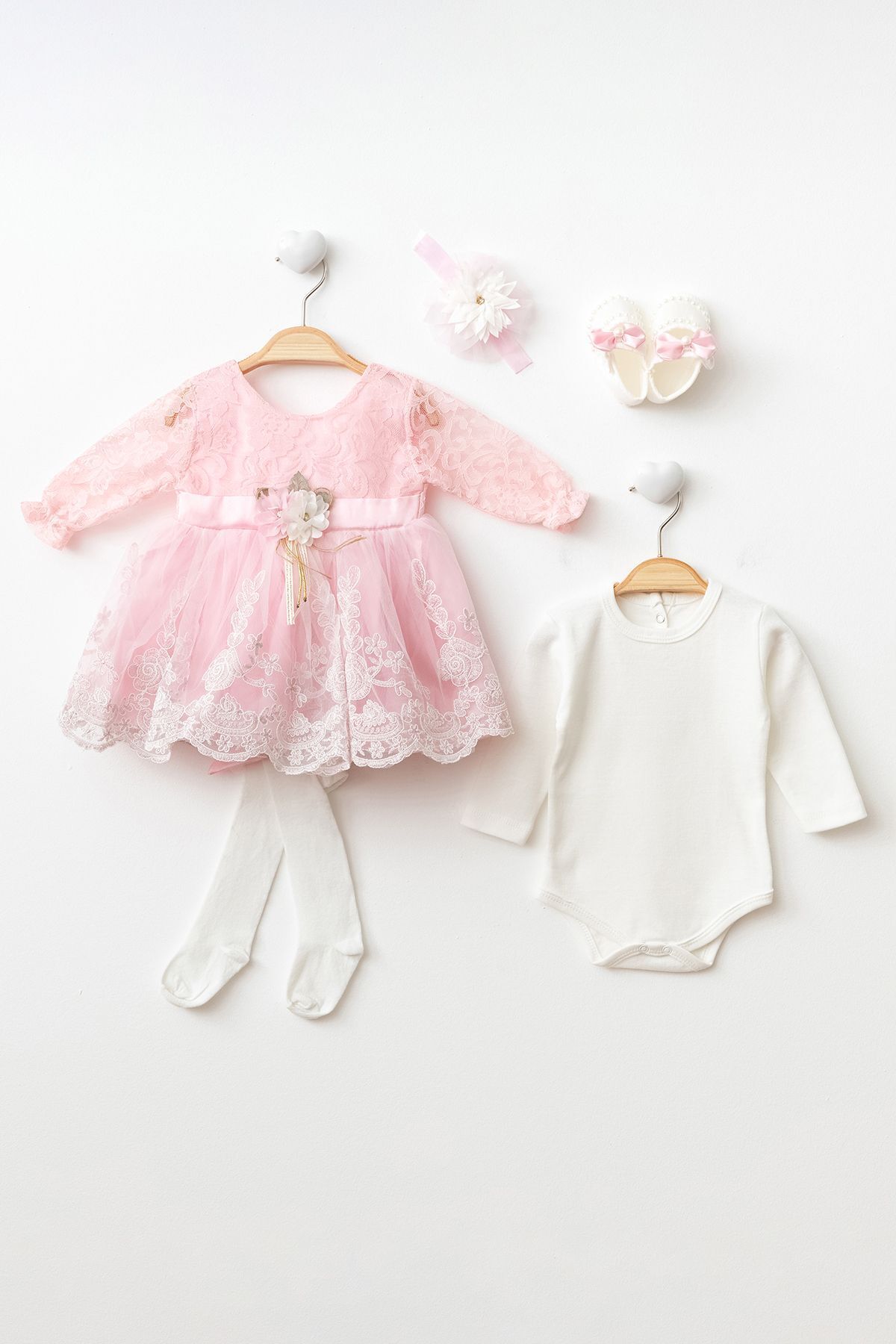 Petite Ponpon Baby Kız Bebek 0-6 Ay Gelinlik Elbise 5 Li Mevlütlük Set Uzun Kollu Fransız Dantelli Elbise fotoğrafı 2 (önizleme)