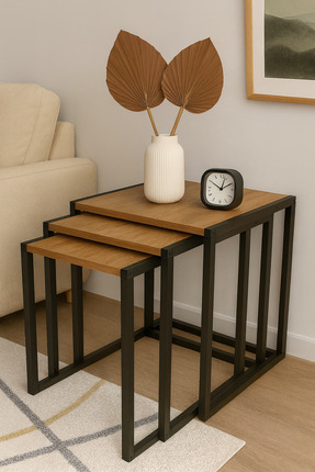 Genel Markalar CleverNest 3lü Zigon Sehpa Ahsap ve Metal - Çam Rengi