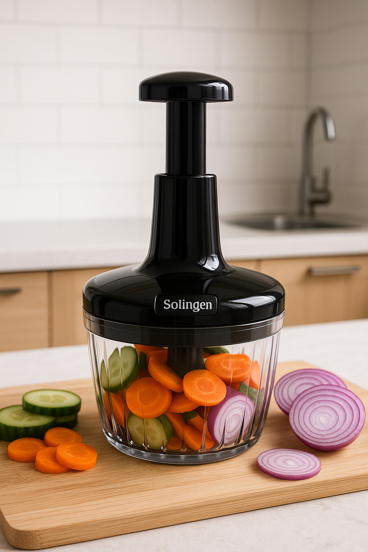 BYTA Solingen El Rondosu, Salata–Sebze Doğrayıcı, Bas-Kes Tasarım, 3 Bıçaklı Siyah