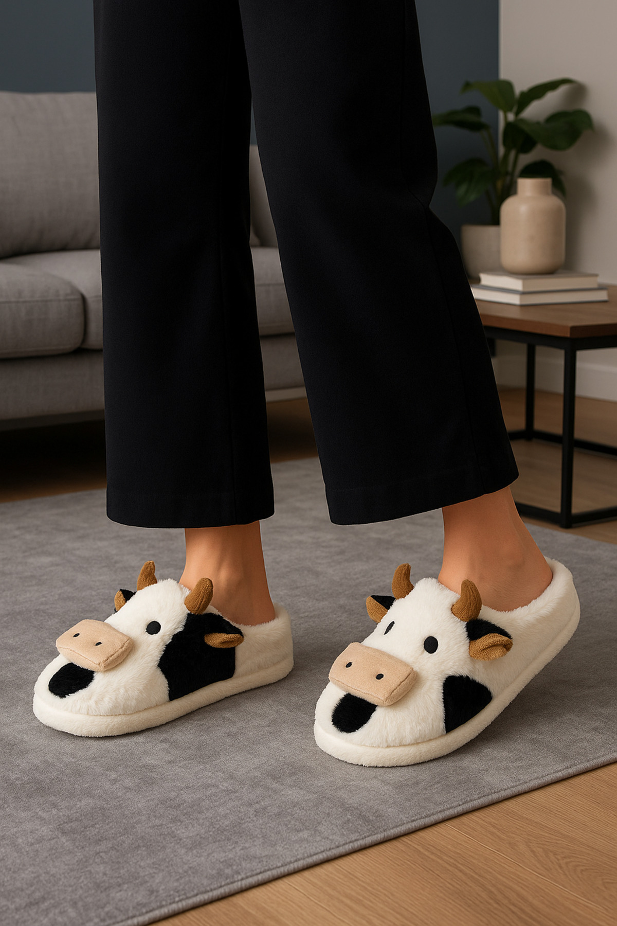 StWenn İnek Figürlü Nakışlı Kışlık Unisex Ev Terliği Ses Yapmaz Kaydırmaz Taban görsel 4