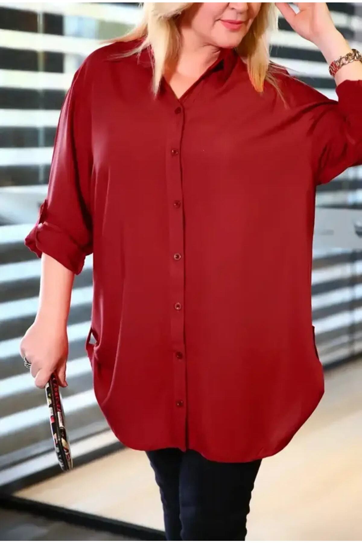 FOR ESRA BIG TREND Kadın Büyük Beden Düz Renk Kol Ve Yan Katlamalı Dokuma Viskon Gömlek görsel 4