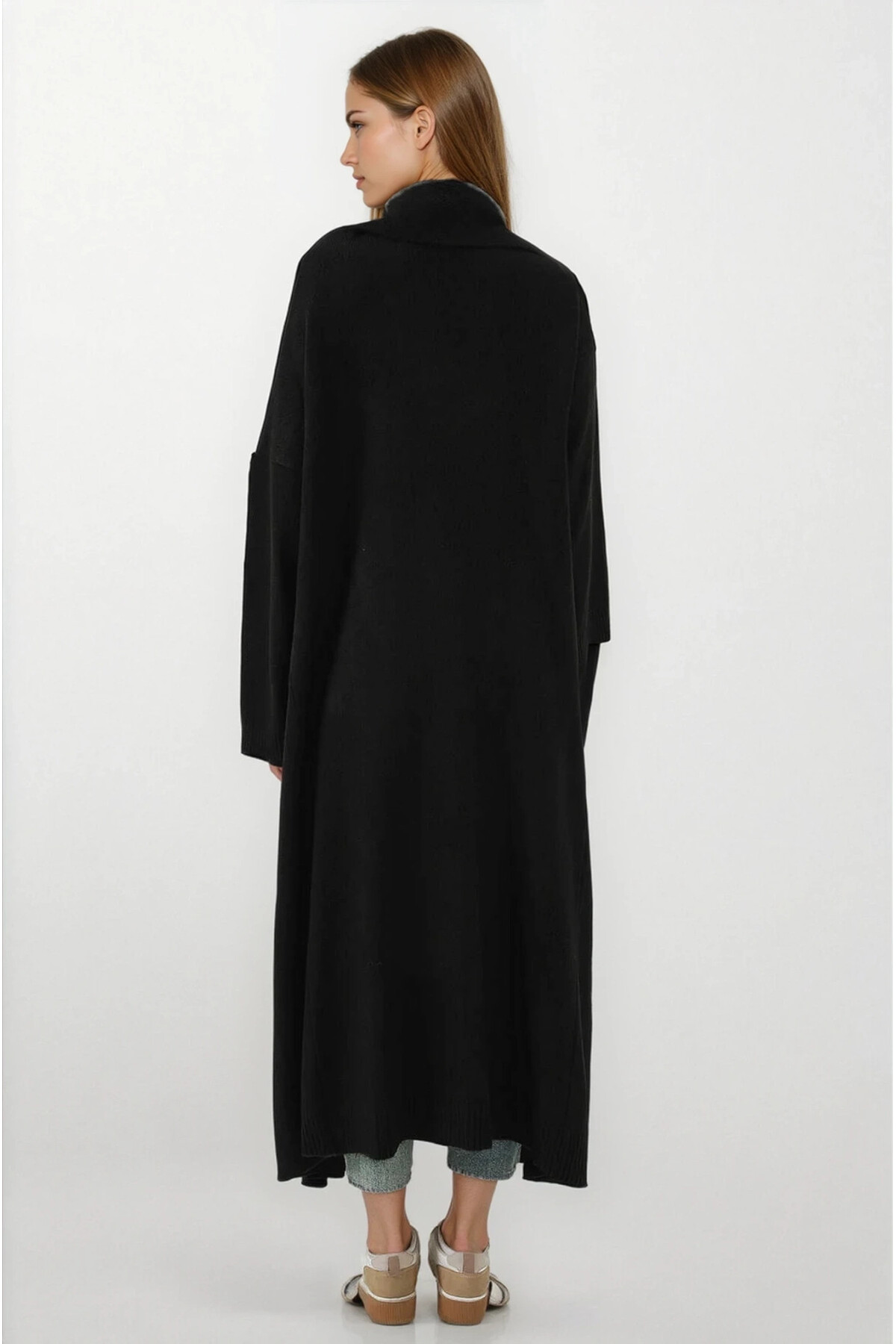 hazelin  Kadın Siyah Oversize Uzun Triko Hırka HZL25W-BD1103041 - Görsel 4