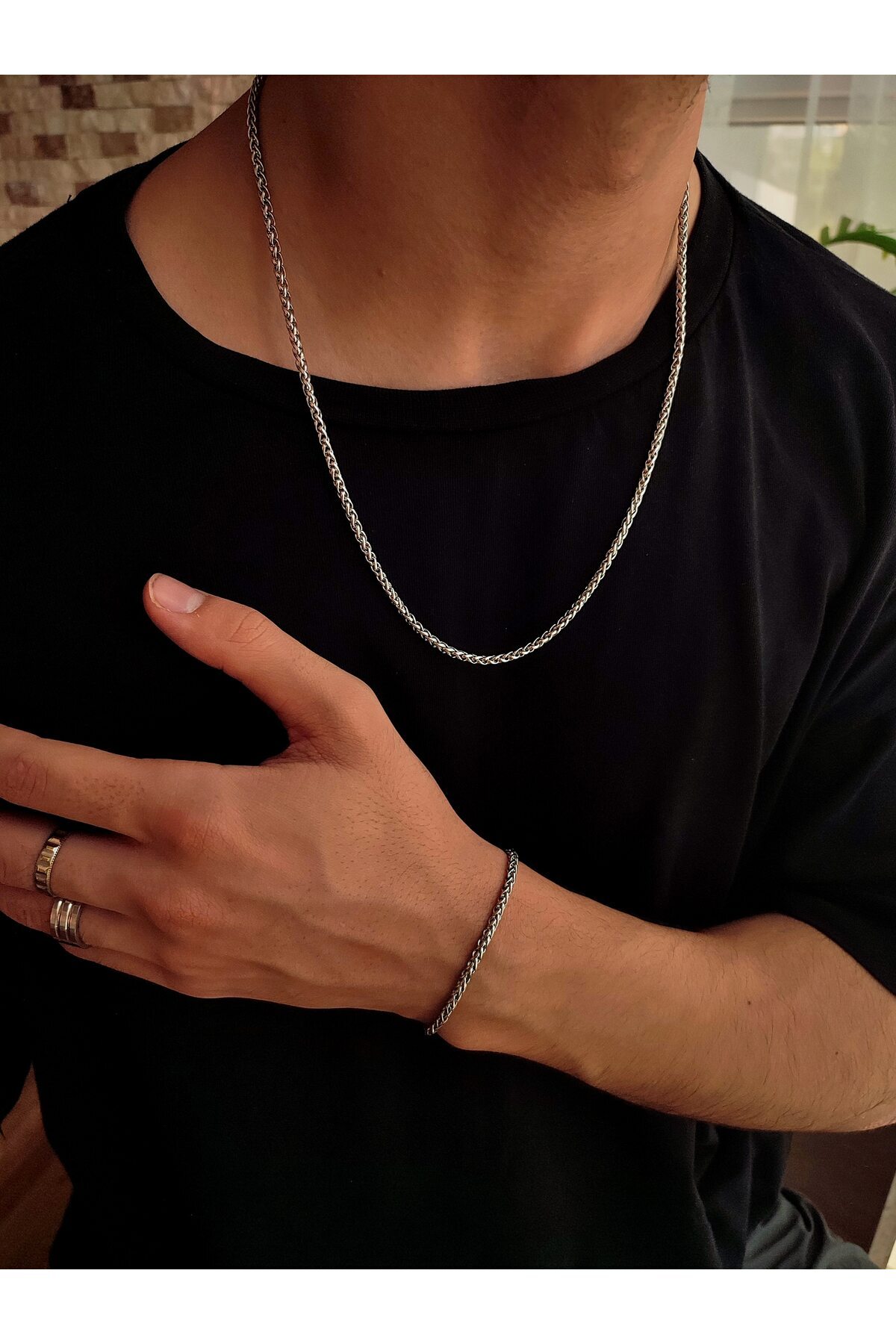 Evorya Erkek Paslanmaz Çelik Silver Kolye ve Bileklik Seti