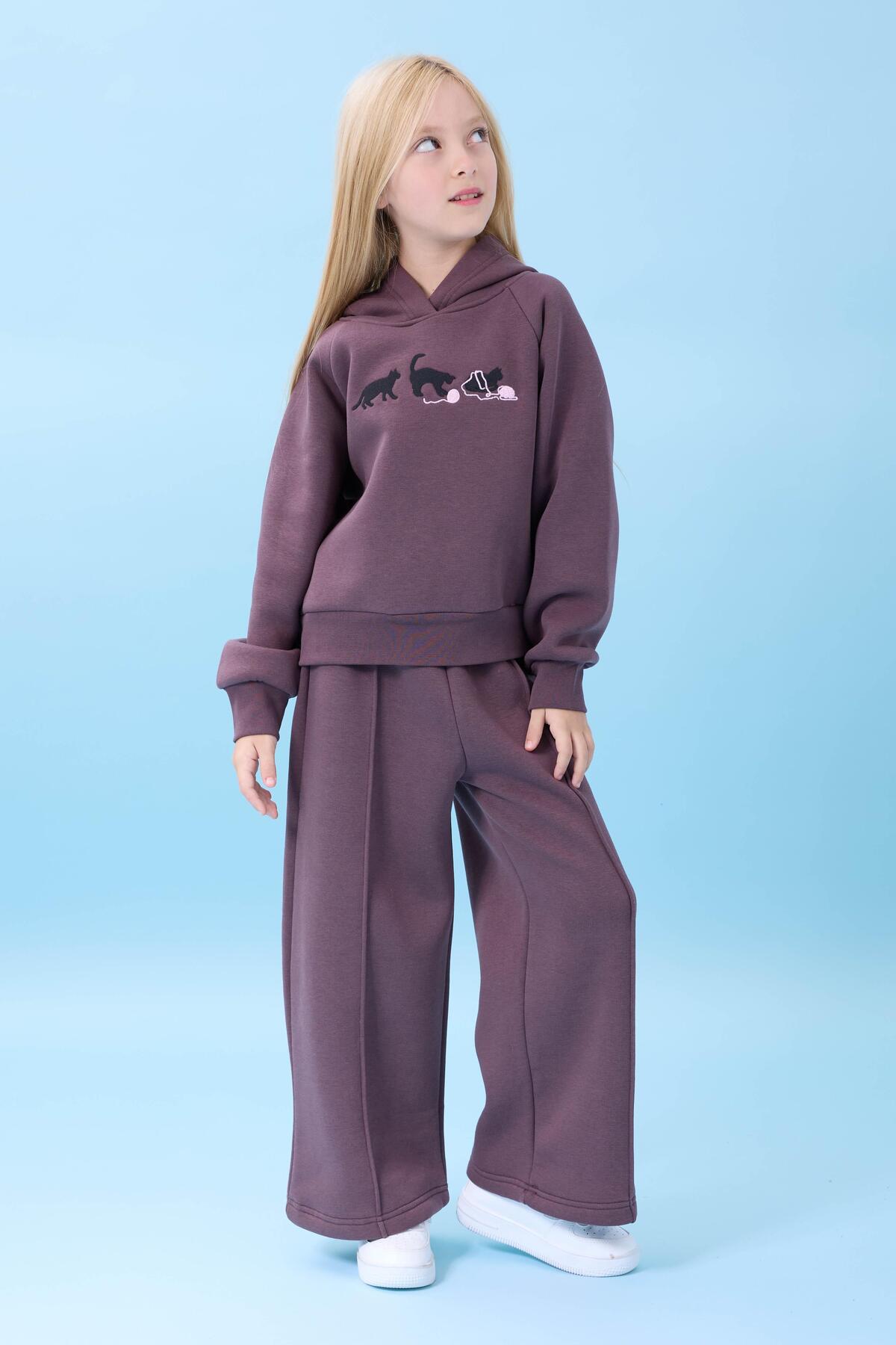 Perendi Kız Çocuk Kapüşonlu İçi Polarlı Kedi Nakışlı Şardonlu Kışlık Takım Patlıcan Rengi fotoğrafı 5 (önizleme)