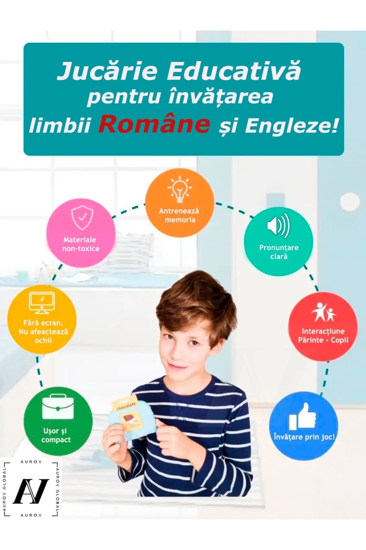 Aurov Jucărie educativă, Română/Engleză, Aurov, 448 de cuvinte, 112 cărți, Pronunție clară, Albastru