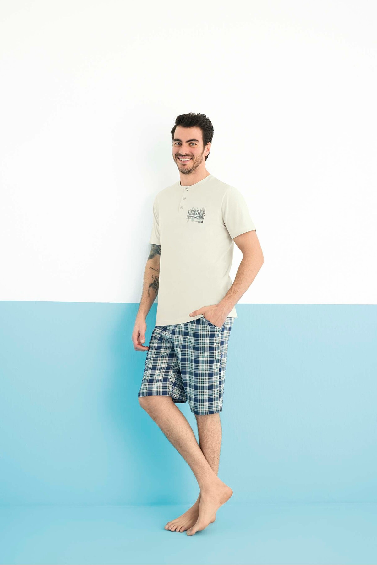 MEN 'S SHORTS PAJAMA SET BOTTOM PLAID TOP COLLAR BUTTON